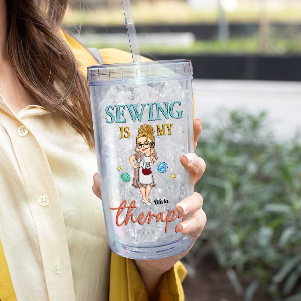 Sewing Is My Therapy - Personalized Acrylic Tumbler With Straw