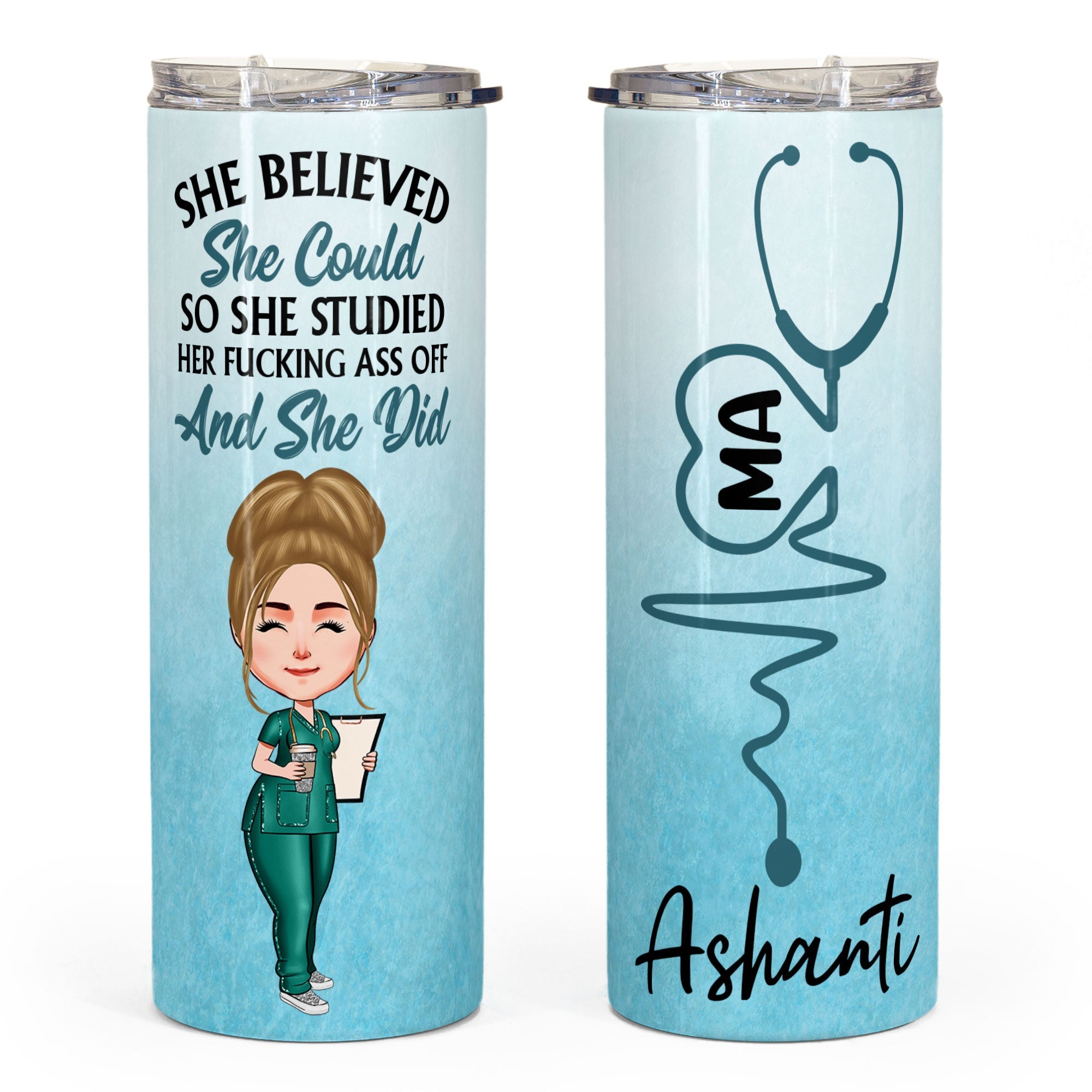 She Believed She Could So She Studied And She Did - Personalized Skinny Tumbler - Graduation, Birthday Gift For New Nurse