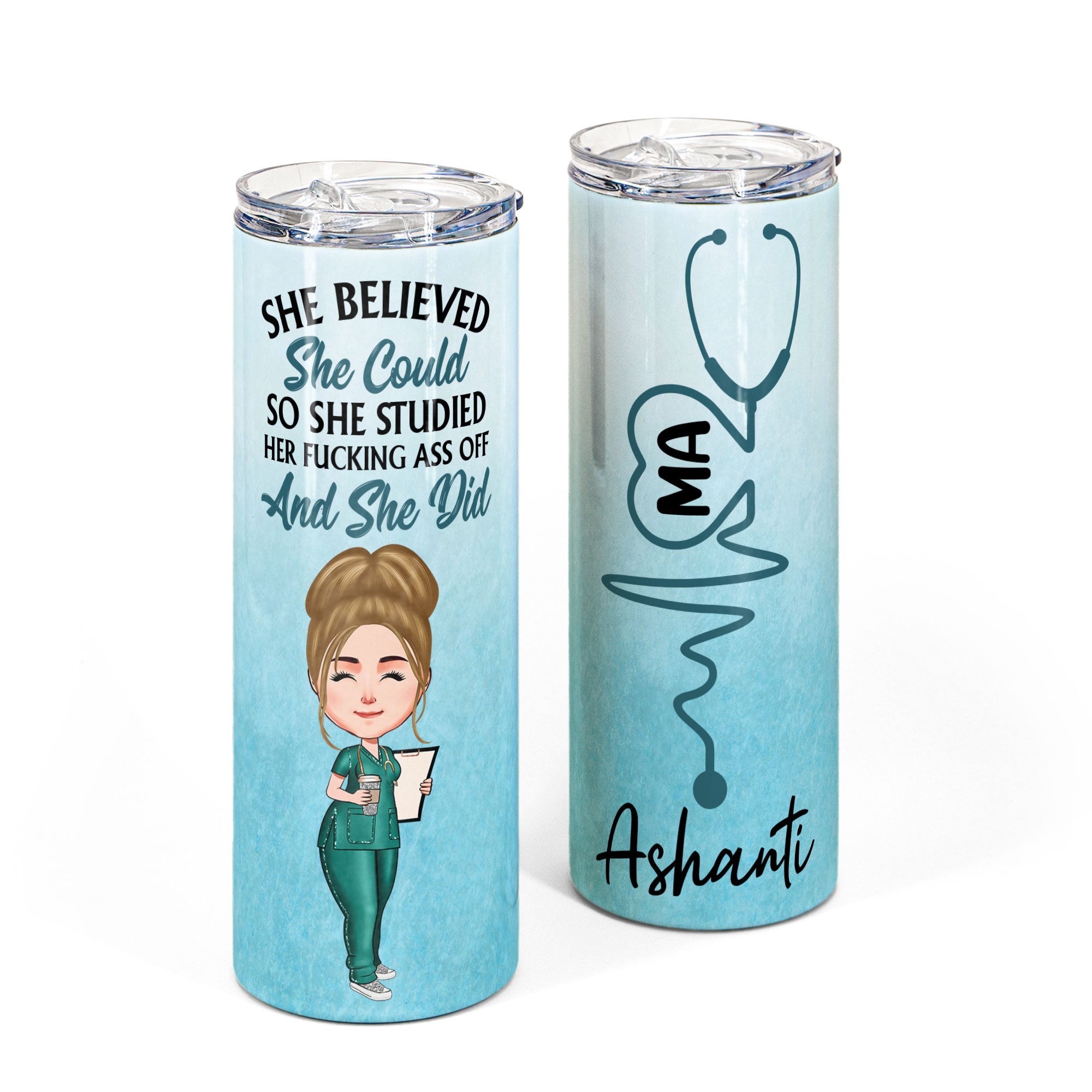 She Believed She Could So She Studied And She Did - Personalized Skinny Tumbler - Graduation, Birthday Gift For New Nurse