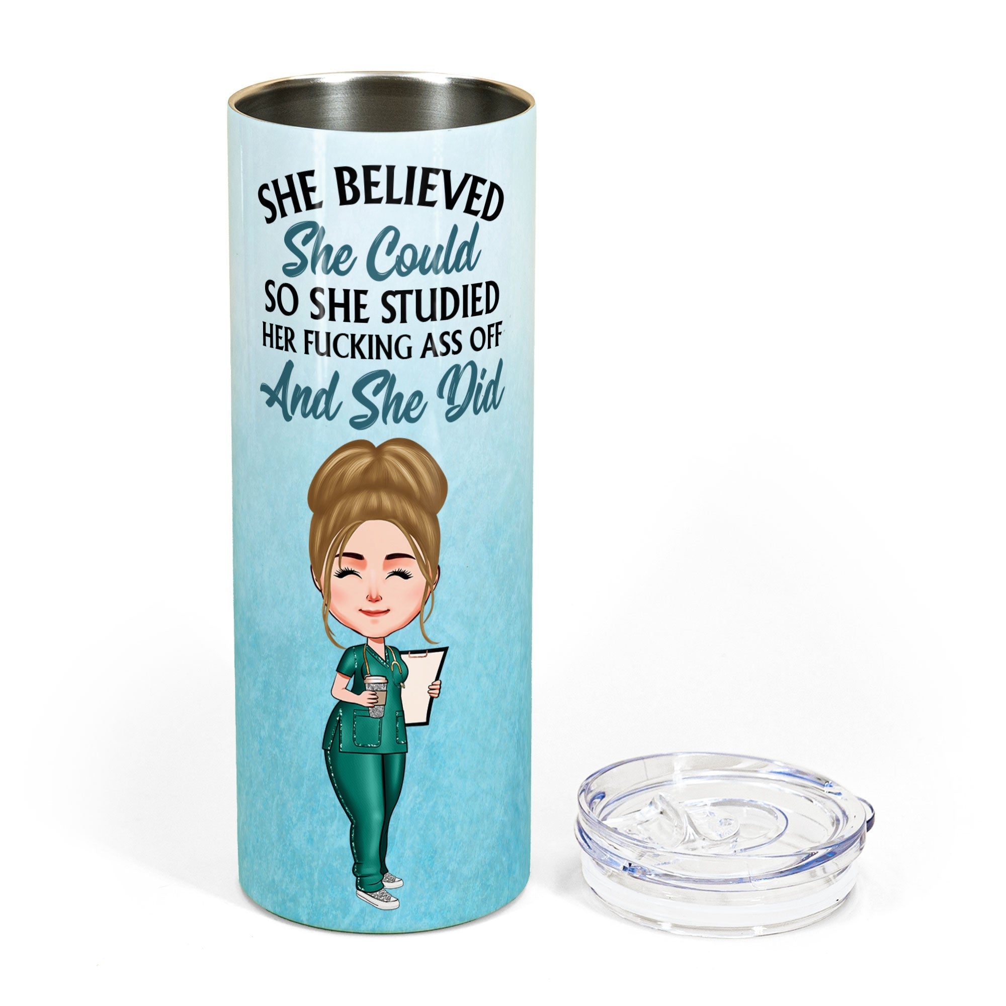 She Believed She Could So She Studied And She Did - Personalized Skinny Tumbler - Graduation, Birthday Gift For New Nurse