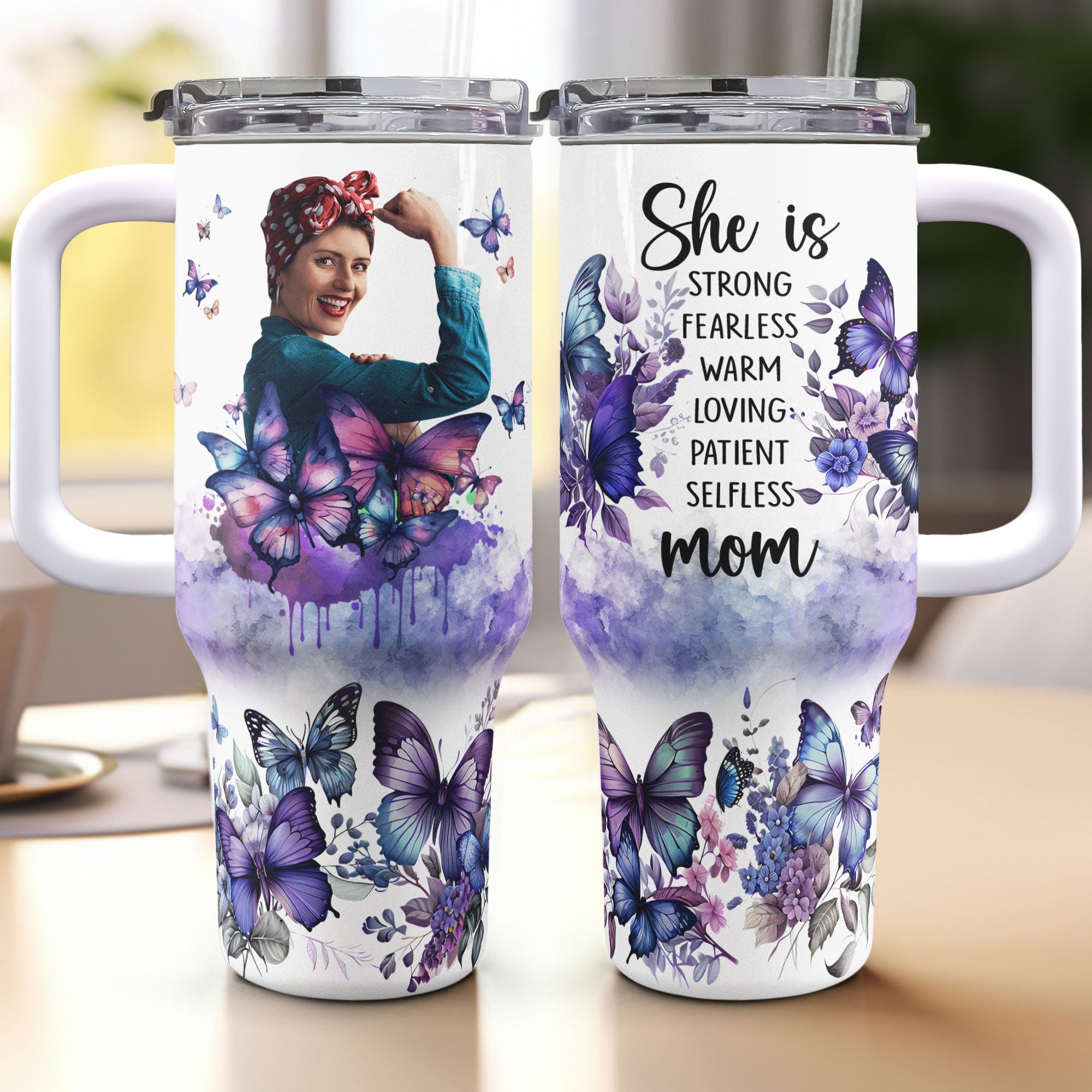 She Is Strong, Fearless, Warm Mom - Personalized Photo 40oz Tumbler With Straw