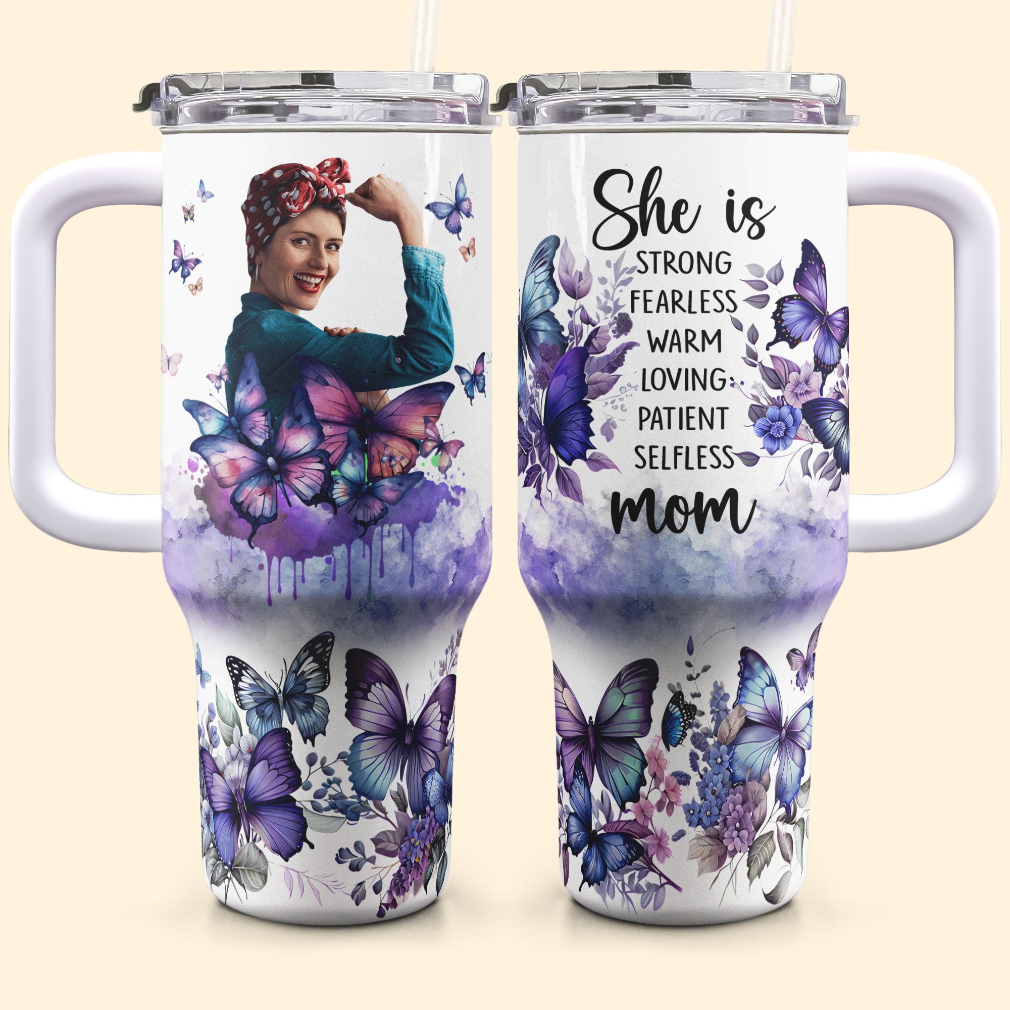 She Is Strong, Fearless, Warm Mom - Personalized Photo 40oz Tumbler With Straw