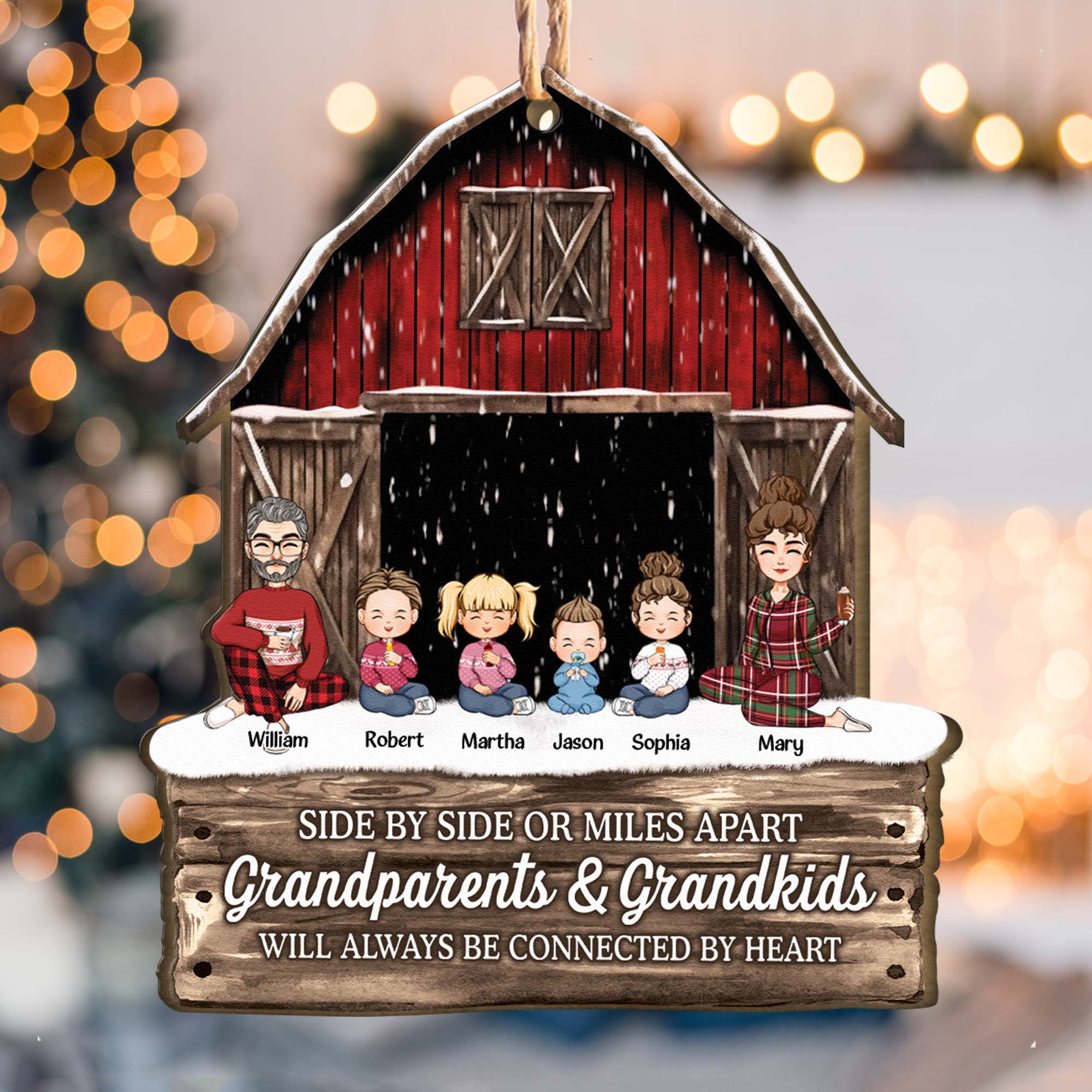 Side By Side Or Miles Apart Grandparents Grandkids Connected By Heart - Personalized Wooden Ornament