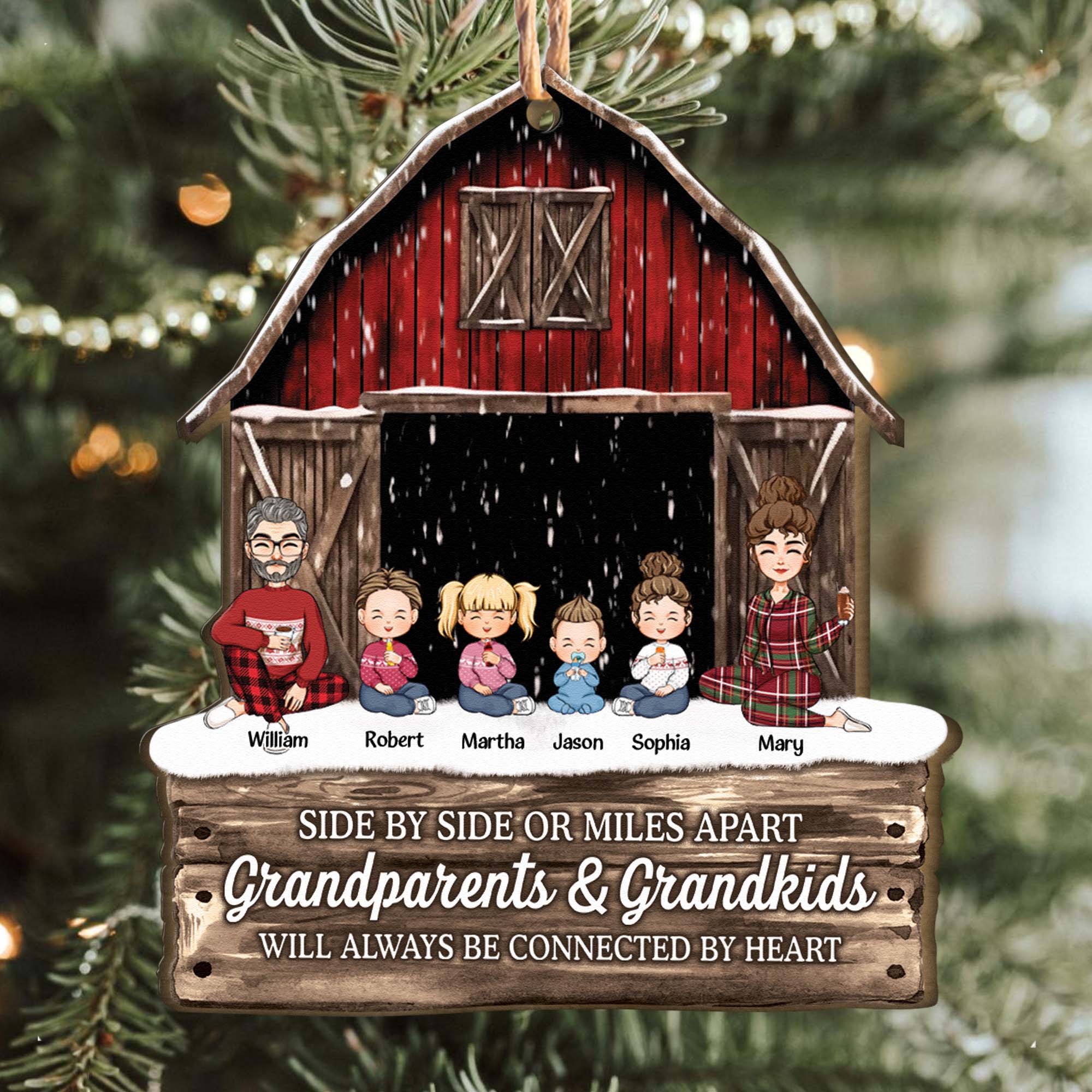 Side By Side Or Miles Apart Grandparents Grandkids Connected By Heart - Personalized Wooden Ornament