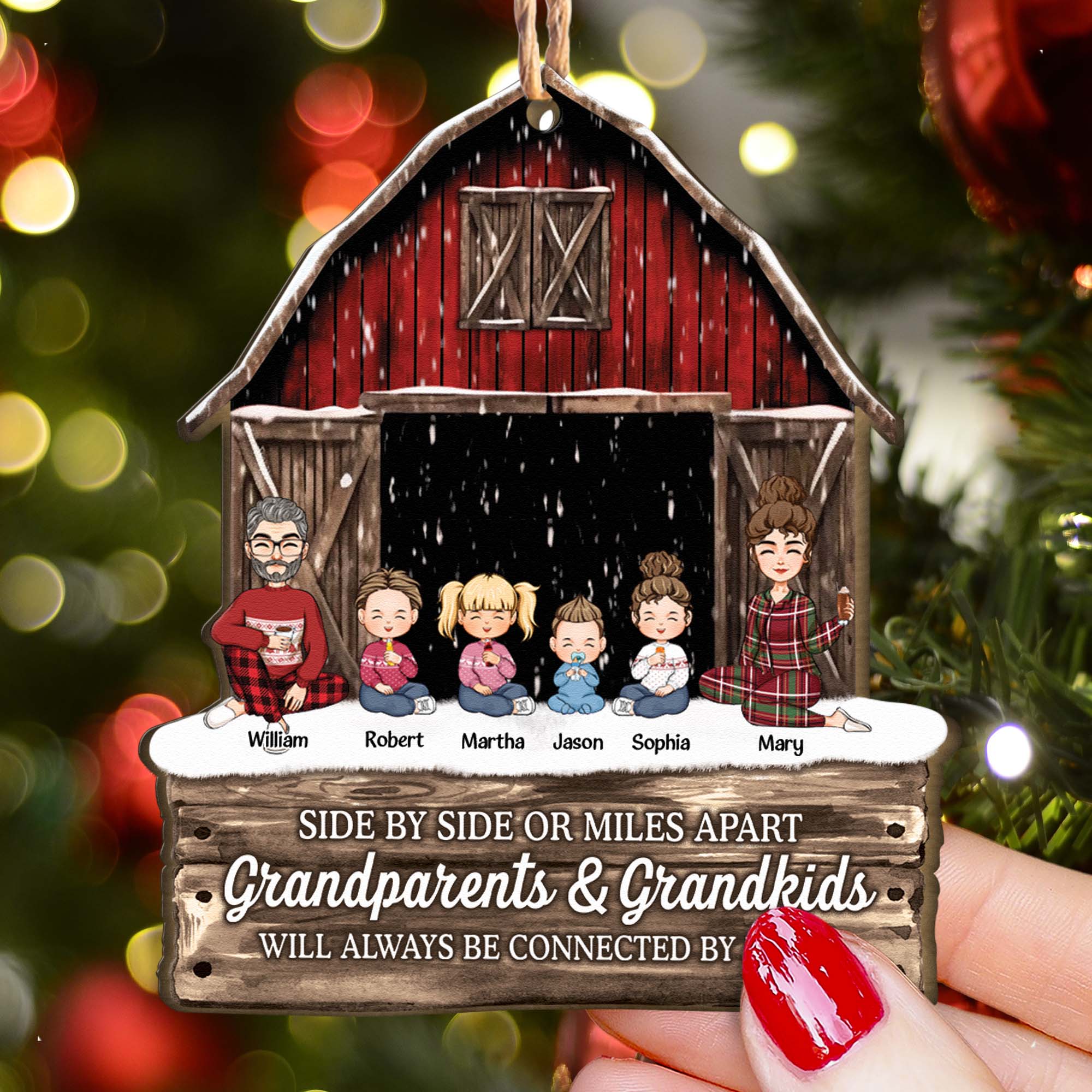 Side By Side Or Miles Apart Grandparents Grandkids Connected By Heart - Personalized Wooden Ornament