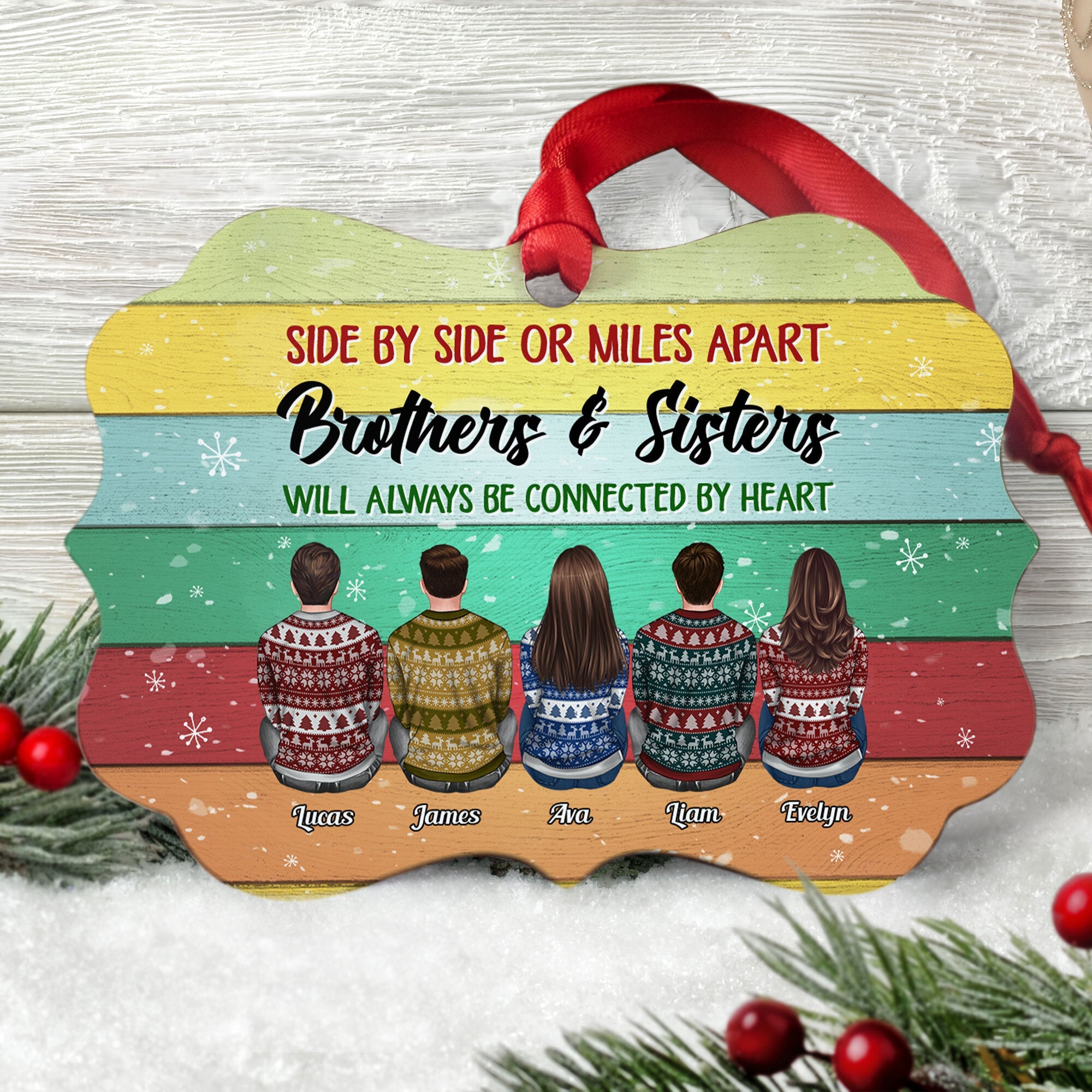 Sisters And Brothers Connected By Heart - Personalized Aluminum/Wooden Ornament - Ugly Christmas Sweater Sitting