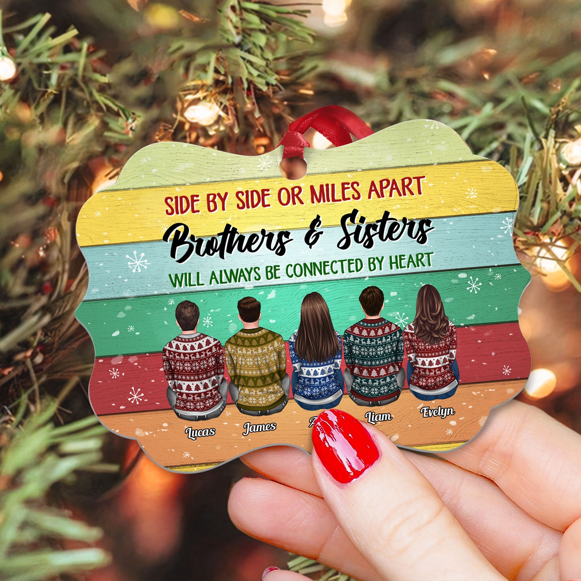 Sisters And Brothers Connected By Heart - Personalized Aluminum/Wooden Ornament - Ugly Christmas Sweater Sitting