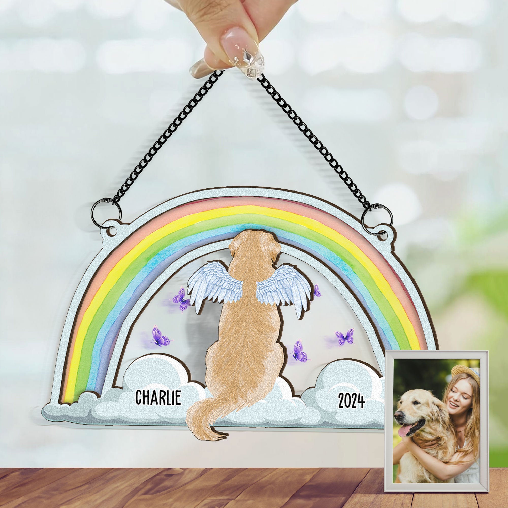 Sitting At The Rainbow Bridge - Personalized Window Hanging Suncatcher Ornament