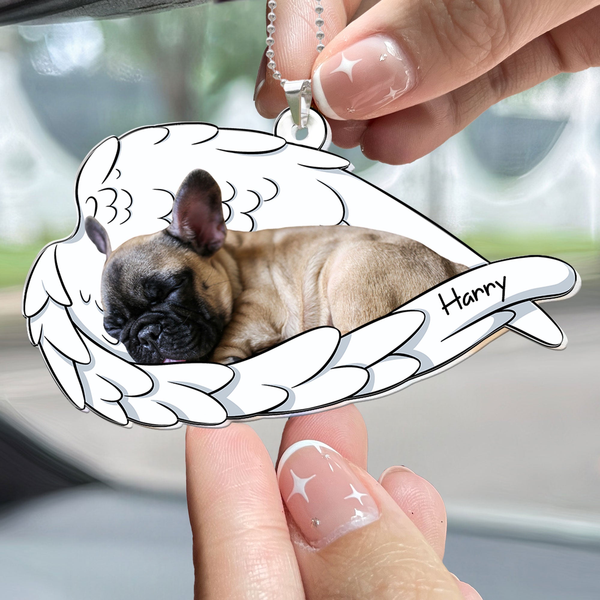 Sleeping Pet With Angel Wings - Personalized Photo Rear View Mirror Accessory