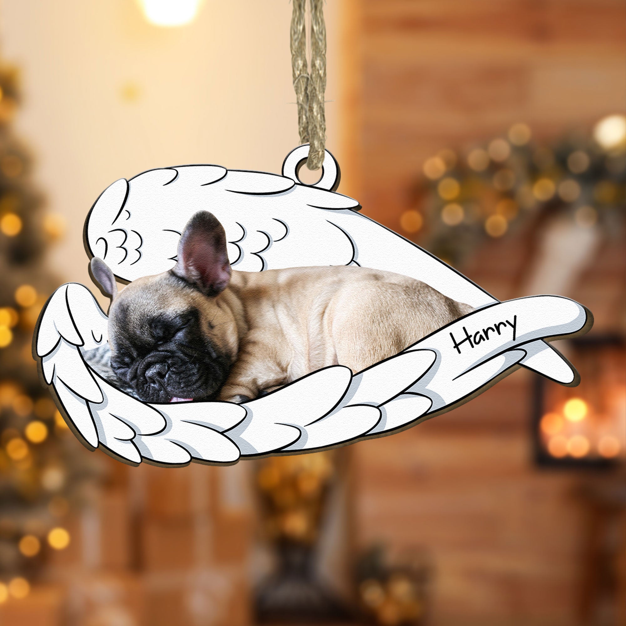 Sleeping Pet With Angel Wings - Personalized Wooden Photo Ornament