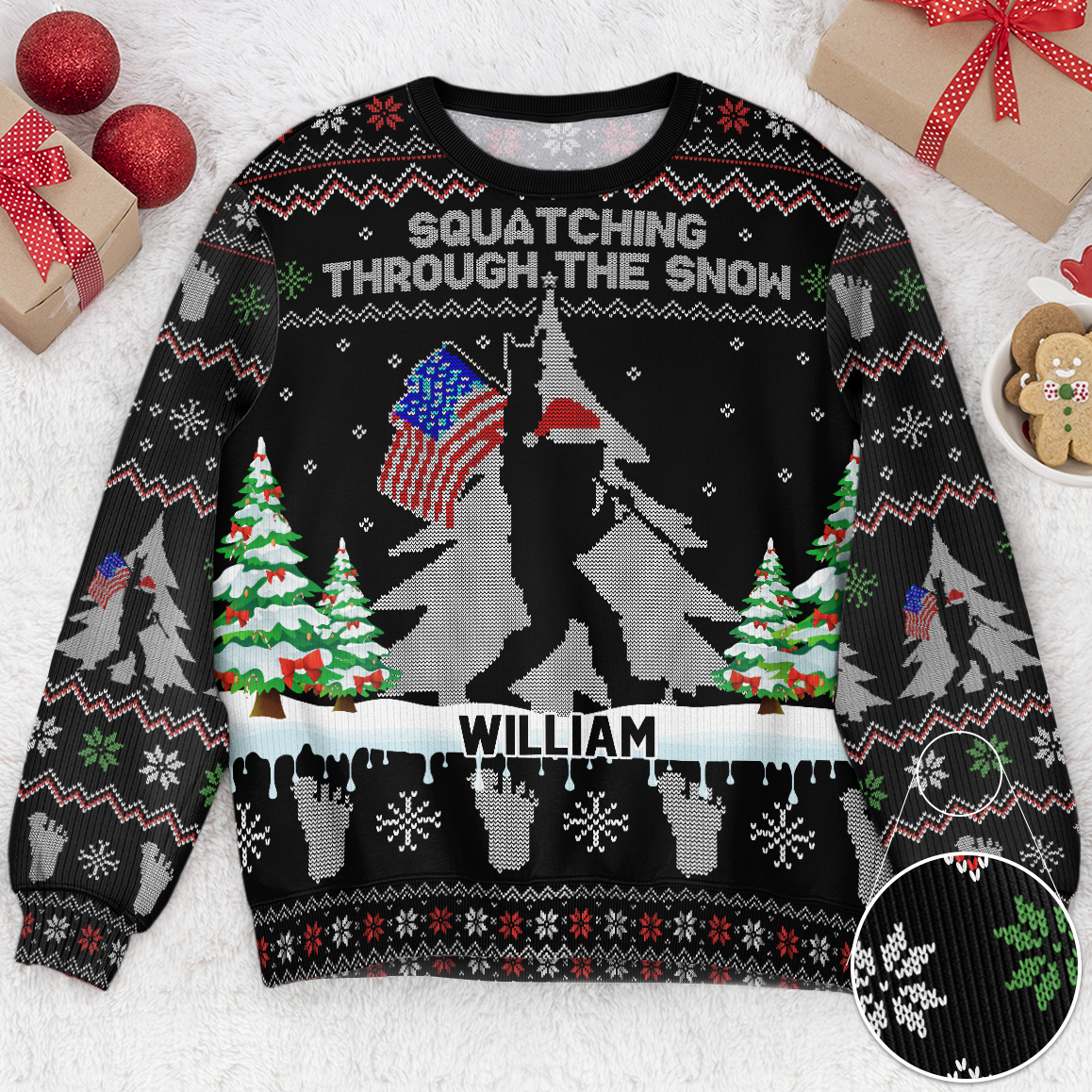 Squatching Through The Snow American Bigfoot - Personalized Ugly Sweater