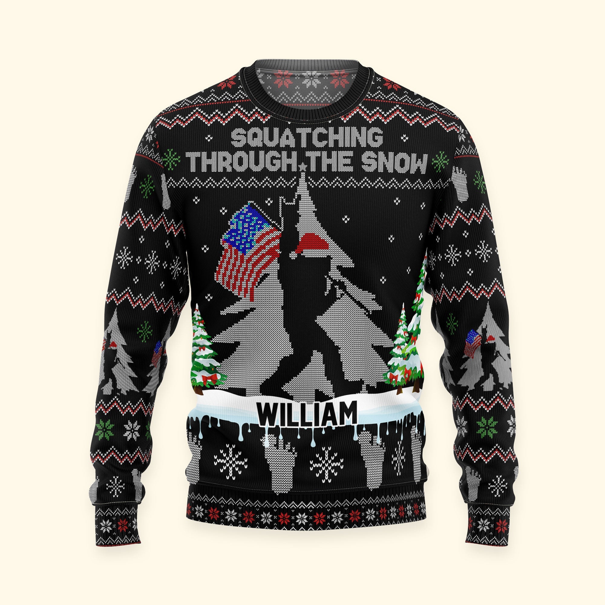 Squatching Through The Snow American Bigfoot - Personalized Ugly Sweater