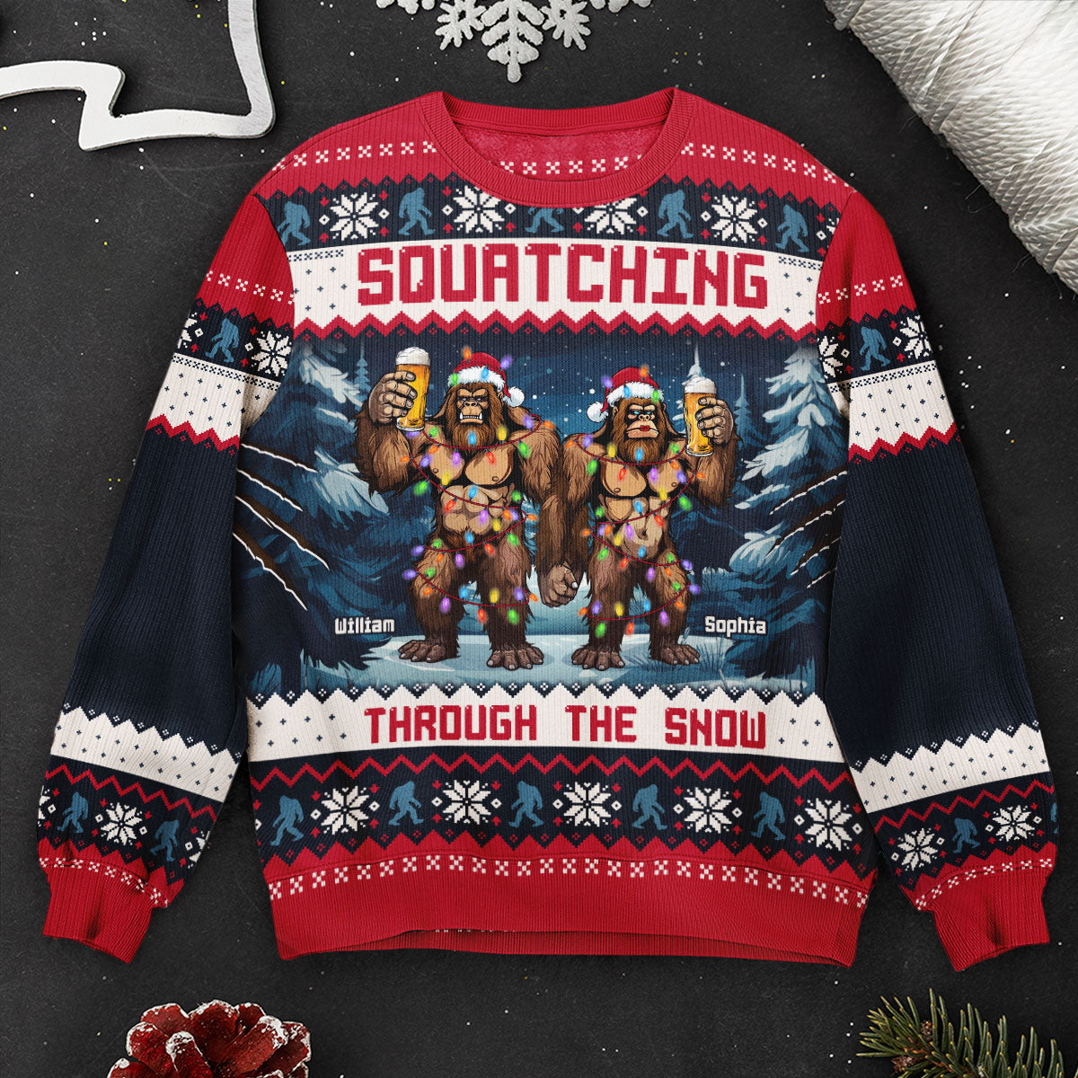 Squatching Through The Snow - Personalized Ugly Sweater