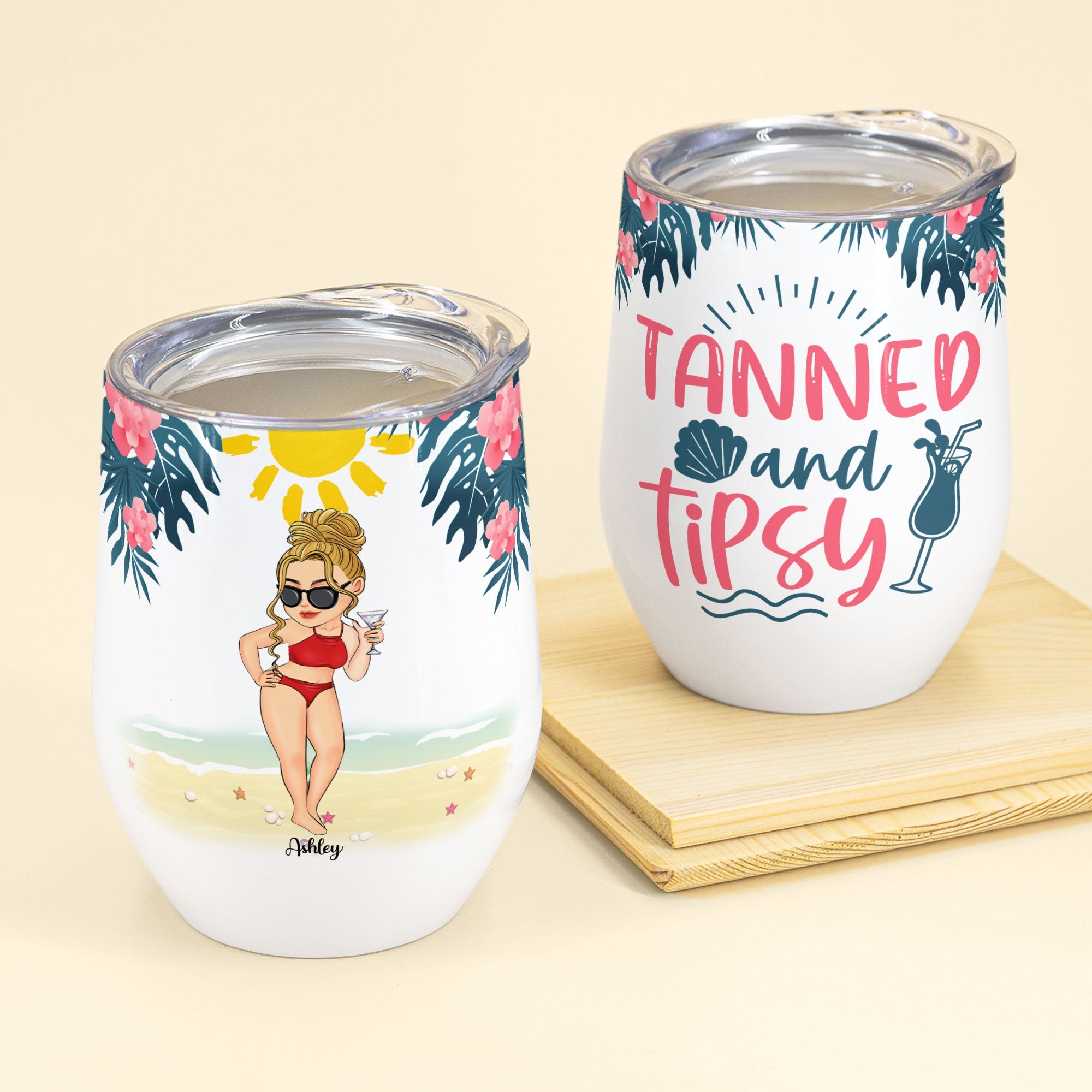 Tanned And Tipsy New Version - Personalized Wine Tumbler - Birthday, Funny, Summer Gift For Her, Girl, Woman, Beach Lovers