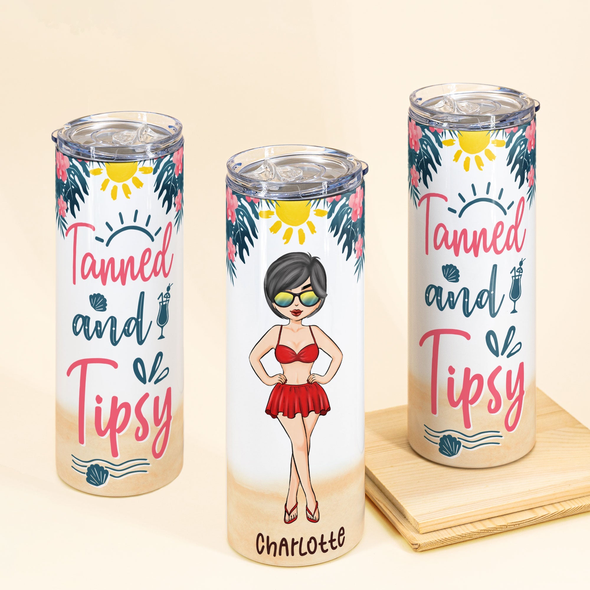 Tanned And Tipsy - Personalized Skinny Tumbler - Summer Gift For Friends, Daughter, Mom, Wife, Girls