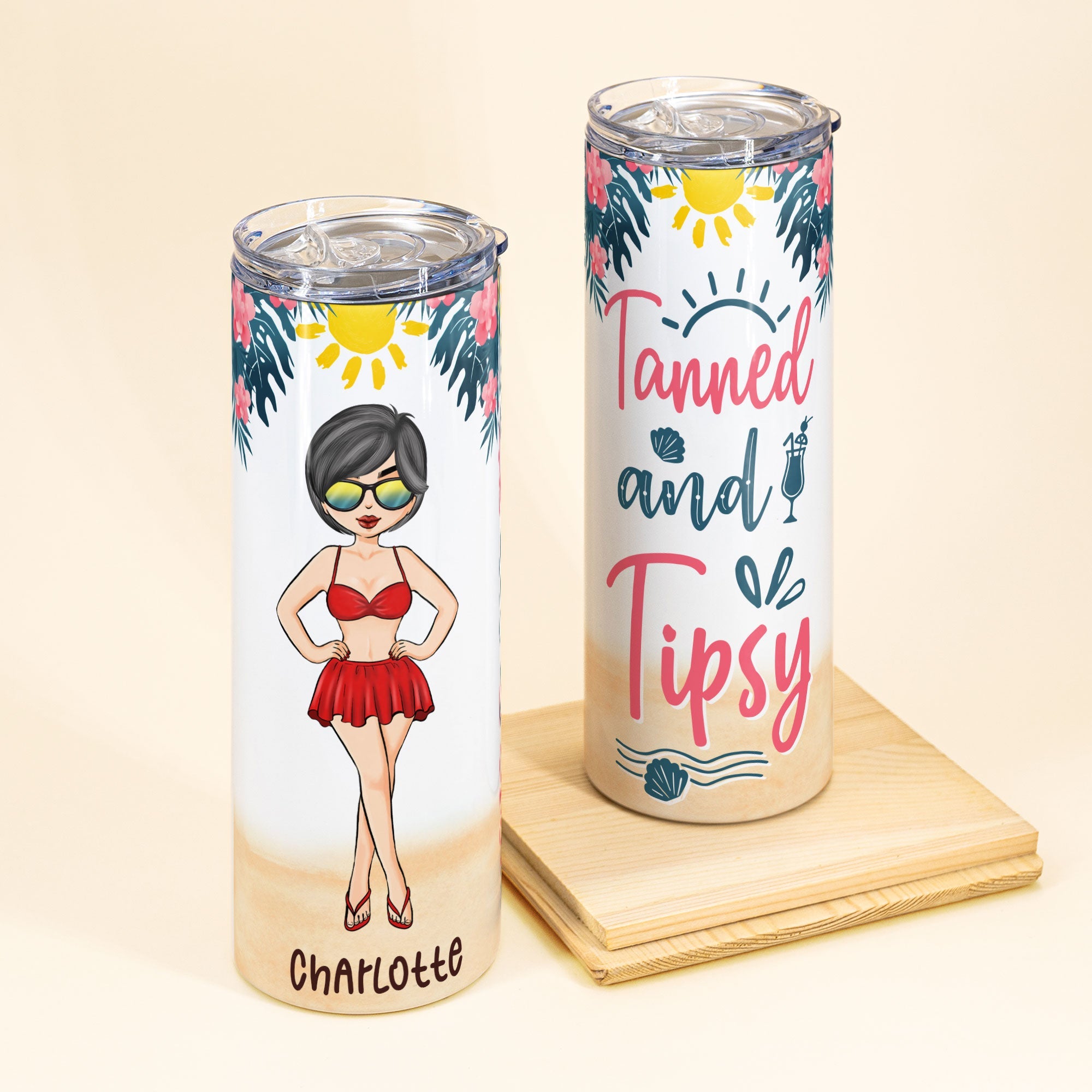 Tanned And Tipsy - Personalized Skinny Tumbler - Summer Gift For Friends, Daughter, Mom, Wife, Girls