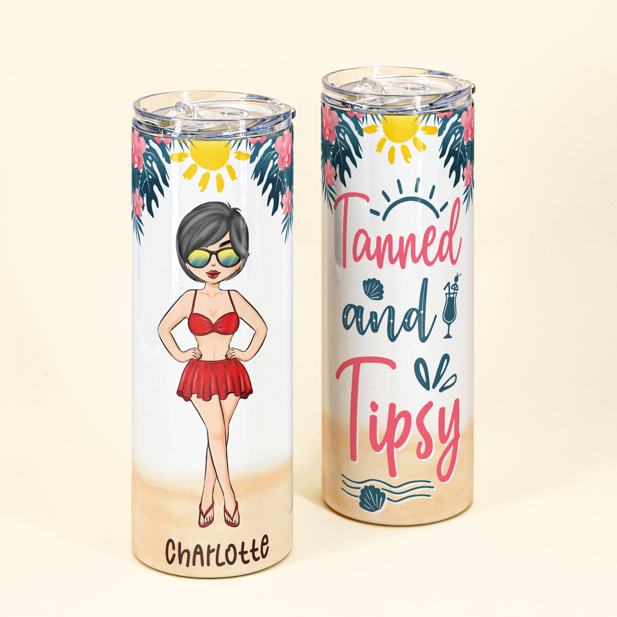 Tanned And Tipsy - Personalized Skinny Tumbler - Summer Gift For Friends, Daughter, Mom, Wife, Girls