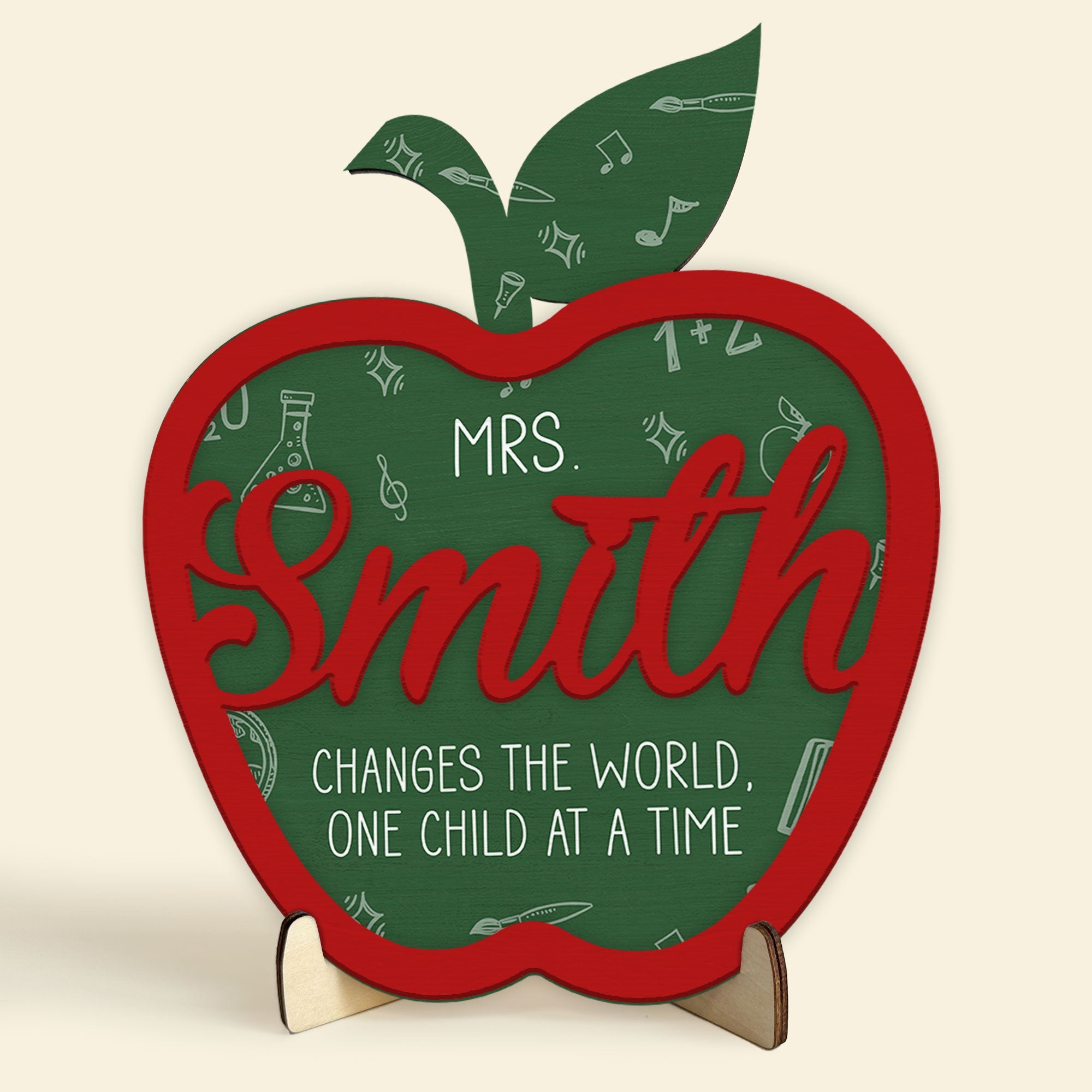 Teacher Changes The World - Personalized Custom Apple-Shaped 2 Layers Wooden Plaque