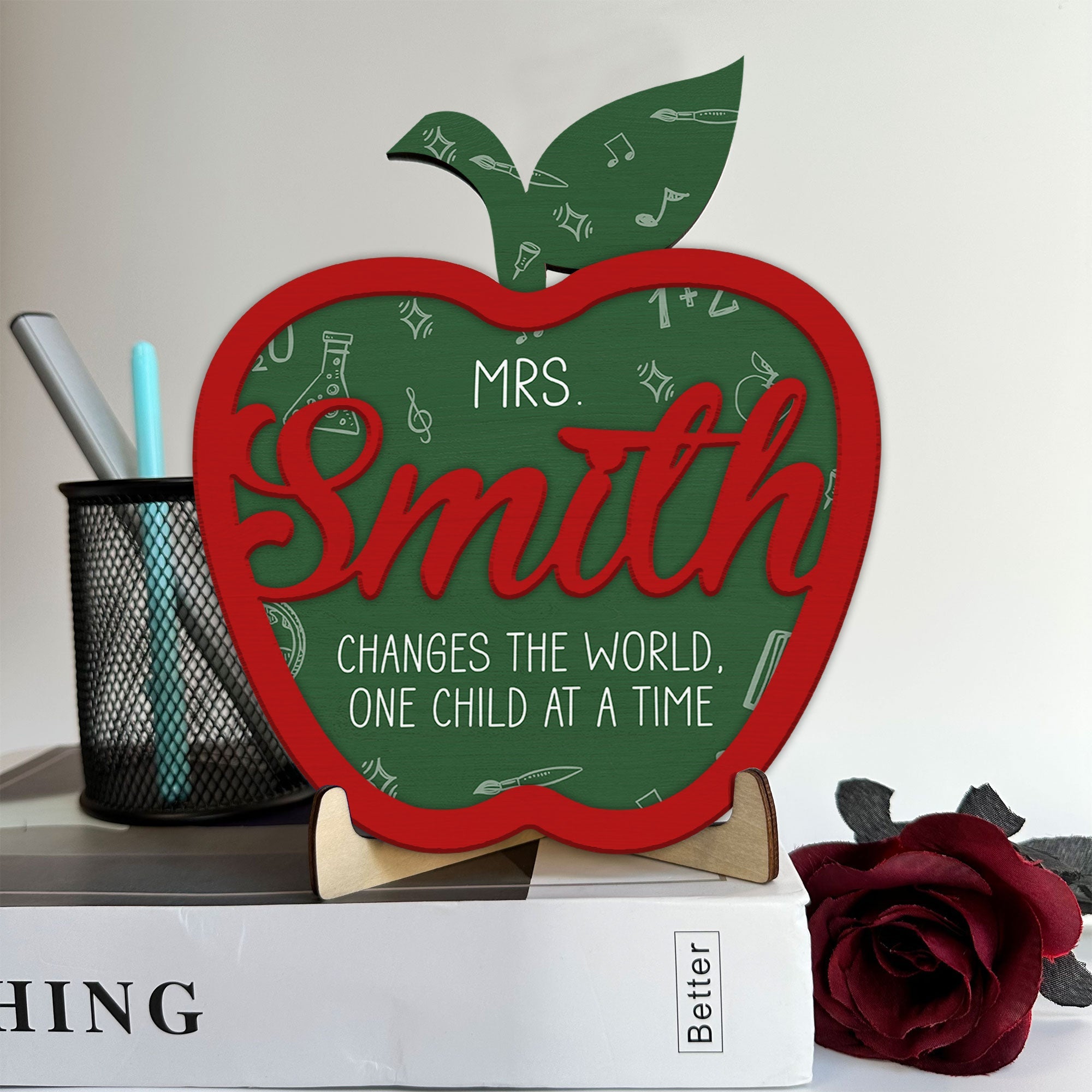 Teacher Changes The World - Personalized Custom Apple-Shaped 2 Layers Wooden Plaque