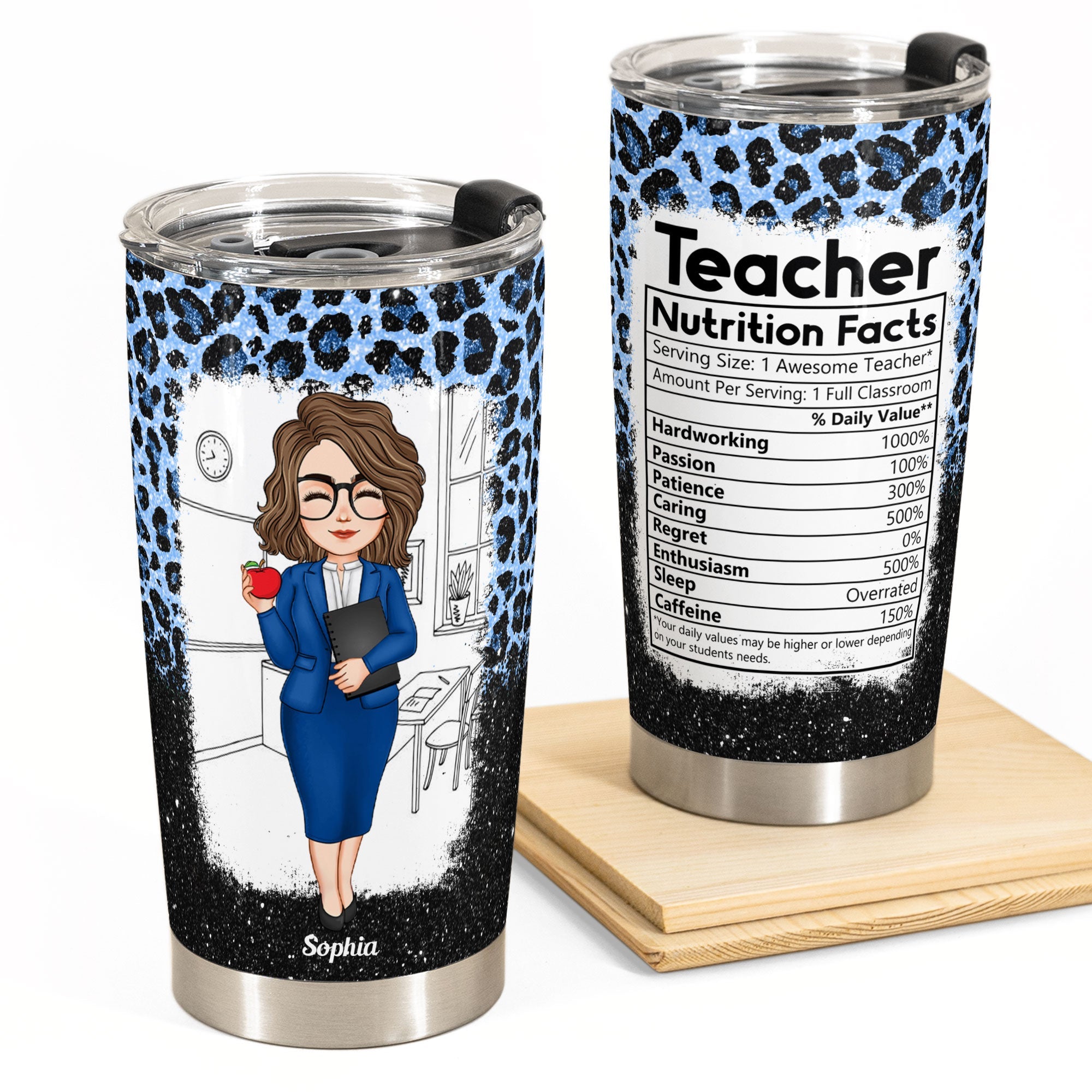 Teacher Nutrition Facts Leopard Version - Personalized Tumbler Cup