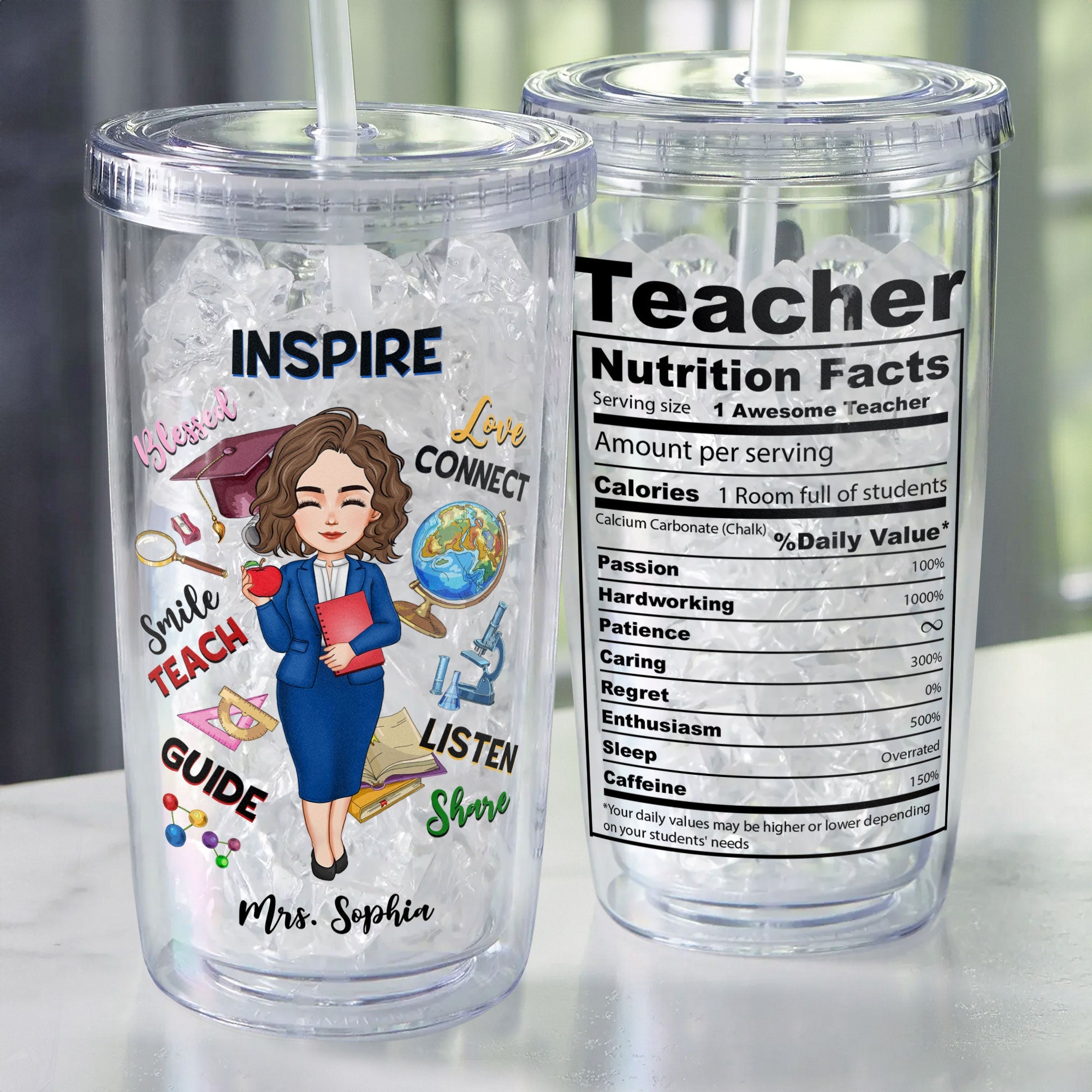 Teacher Nutrition Facts - Personalized Acrylic Tumbler With Straw