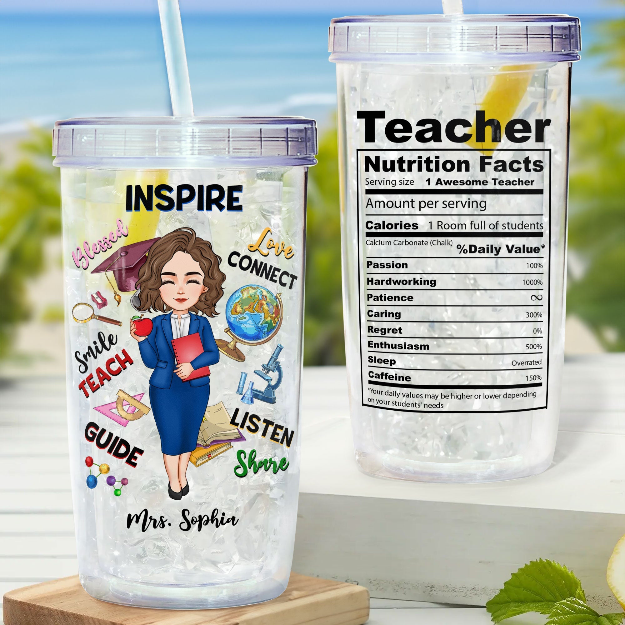 Teacher Nutrition Facts - Personalized Acrylic Tumbler With Straw