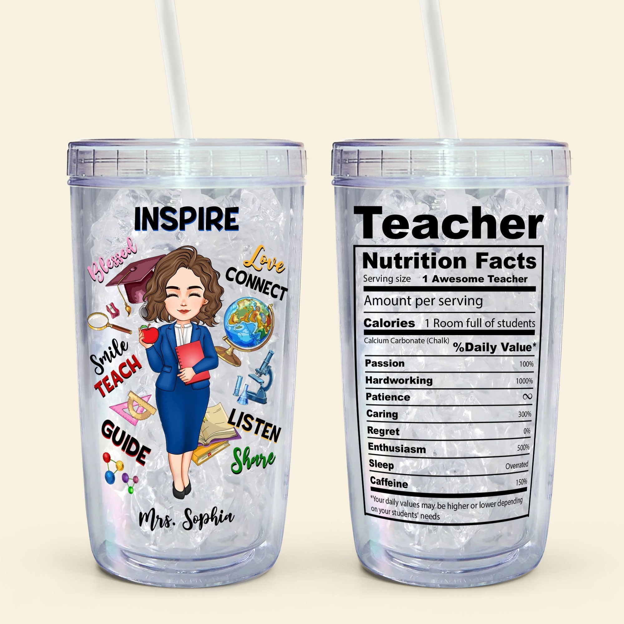 Teacher Nutrition Facts - Personalized Acrylic Tumbler With Straw