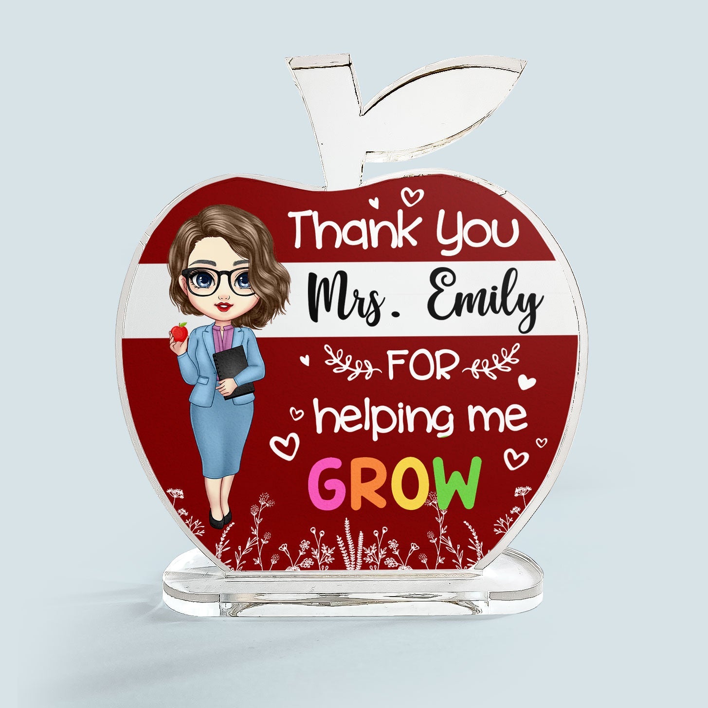 Thank You For Helping Me Grow - Personalized Apple Shaped Acrylic Plaque - Birthday, School Leaving, Appreciation Gift For Teachers  - From Students