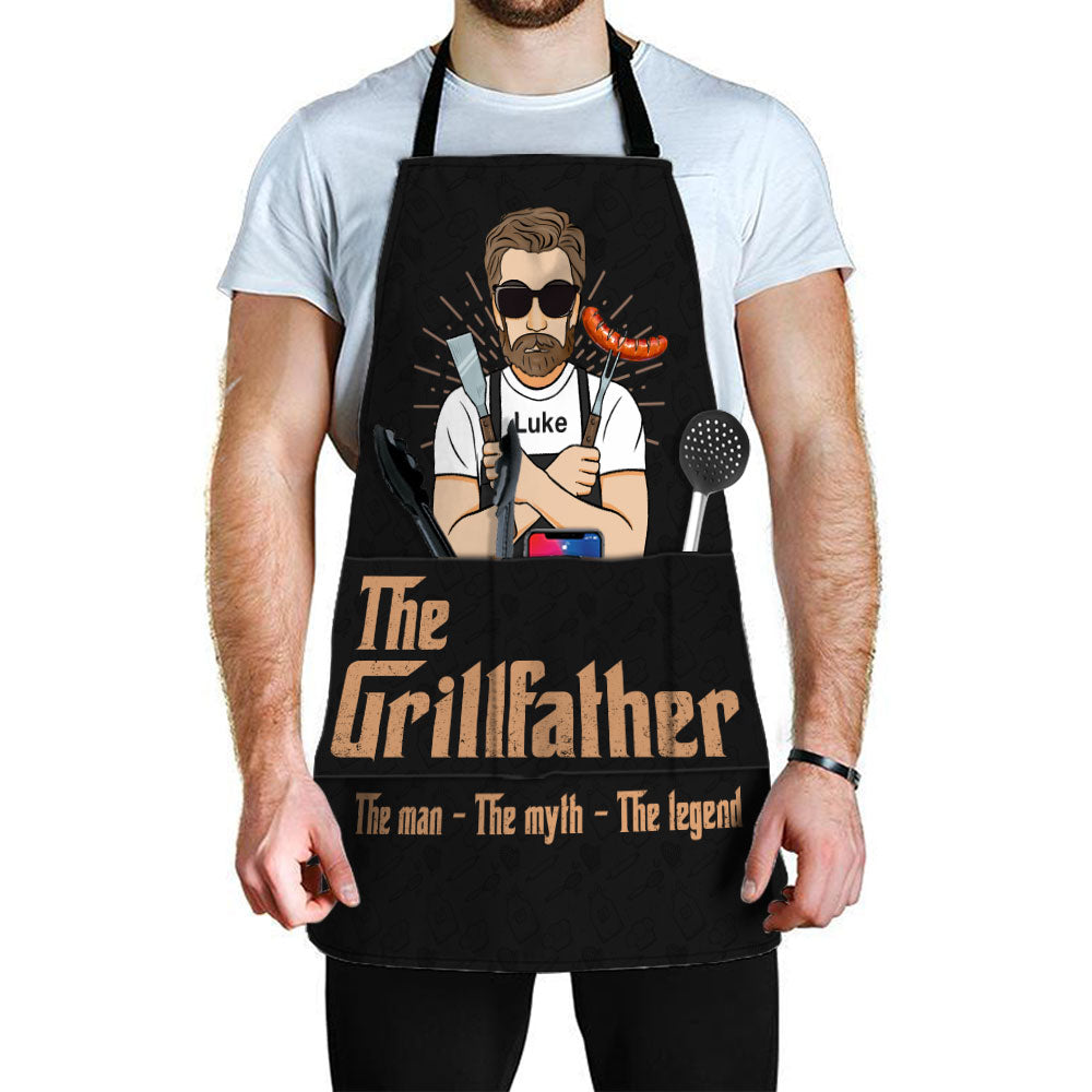 The Grillfather - Personalized Apron With Pocket - Birthday, Funny Gift For Father, Dad, Bbq Loving Dad