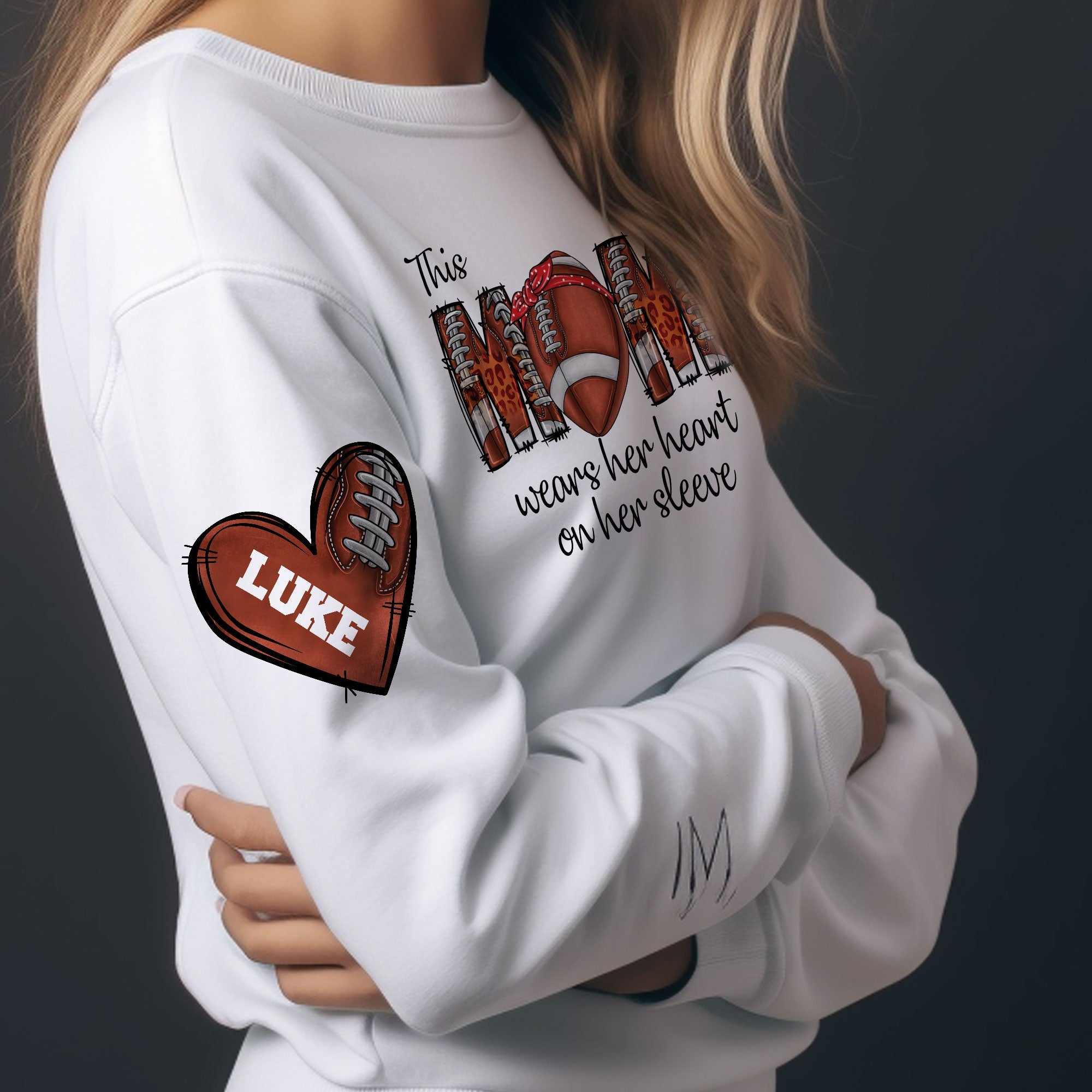 This Football Mom Wear Her Heart On Her Sleeve - Personalized Sweatshirt