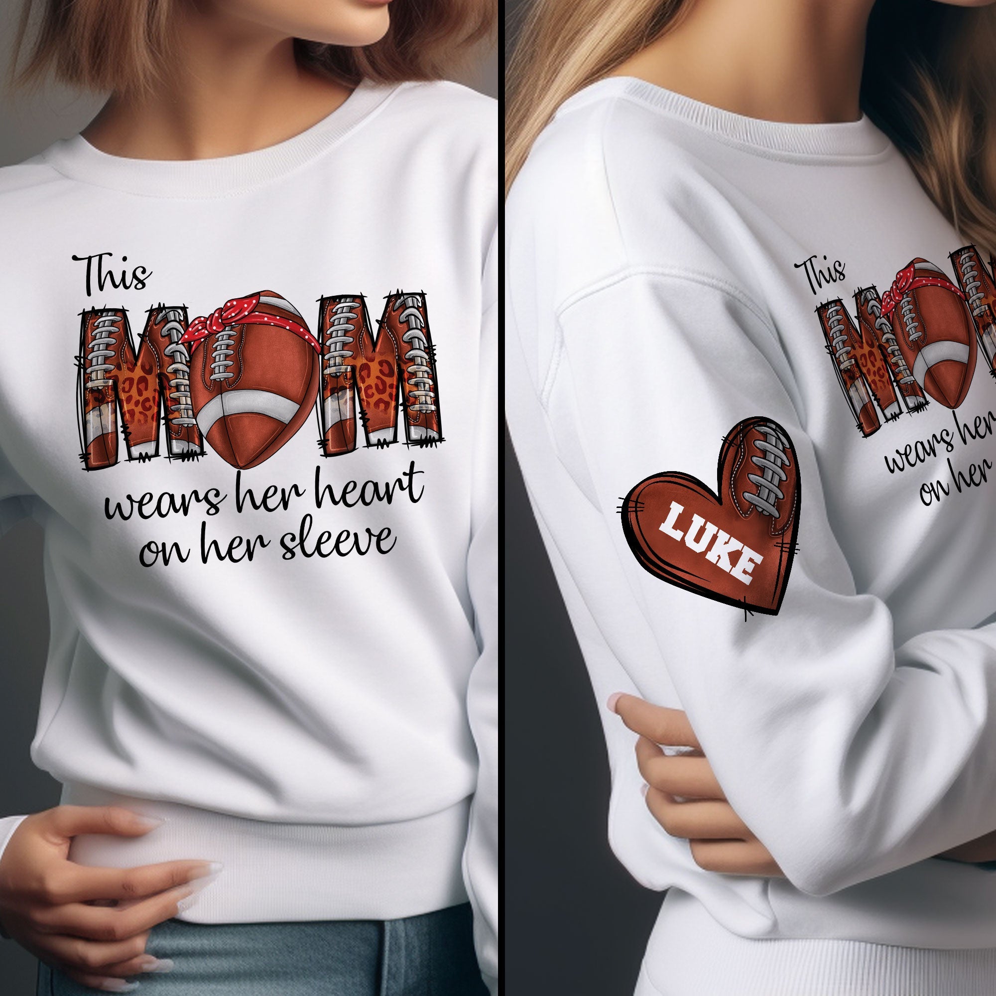 This Football Mom Wear Her Heart On Her Sleeve - Personalized Sweatshirt