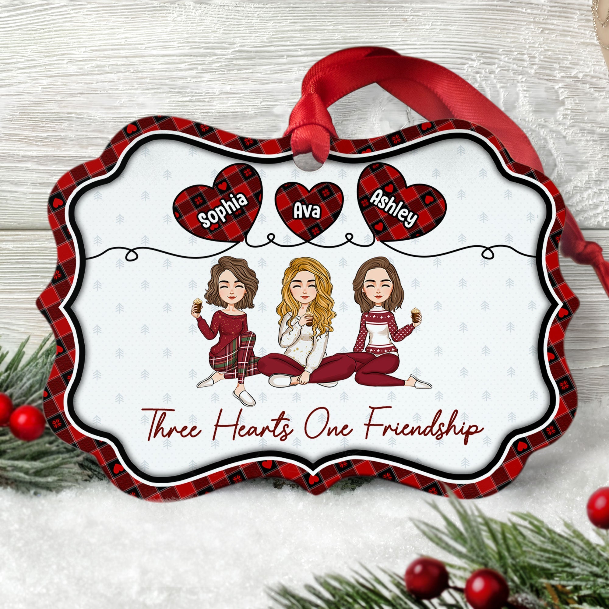 Three Hearts One Friendship - Personalized Aluminum Ornament