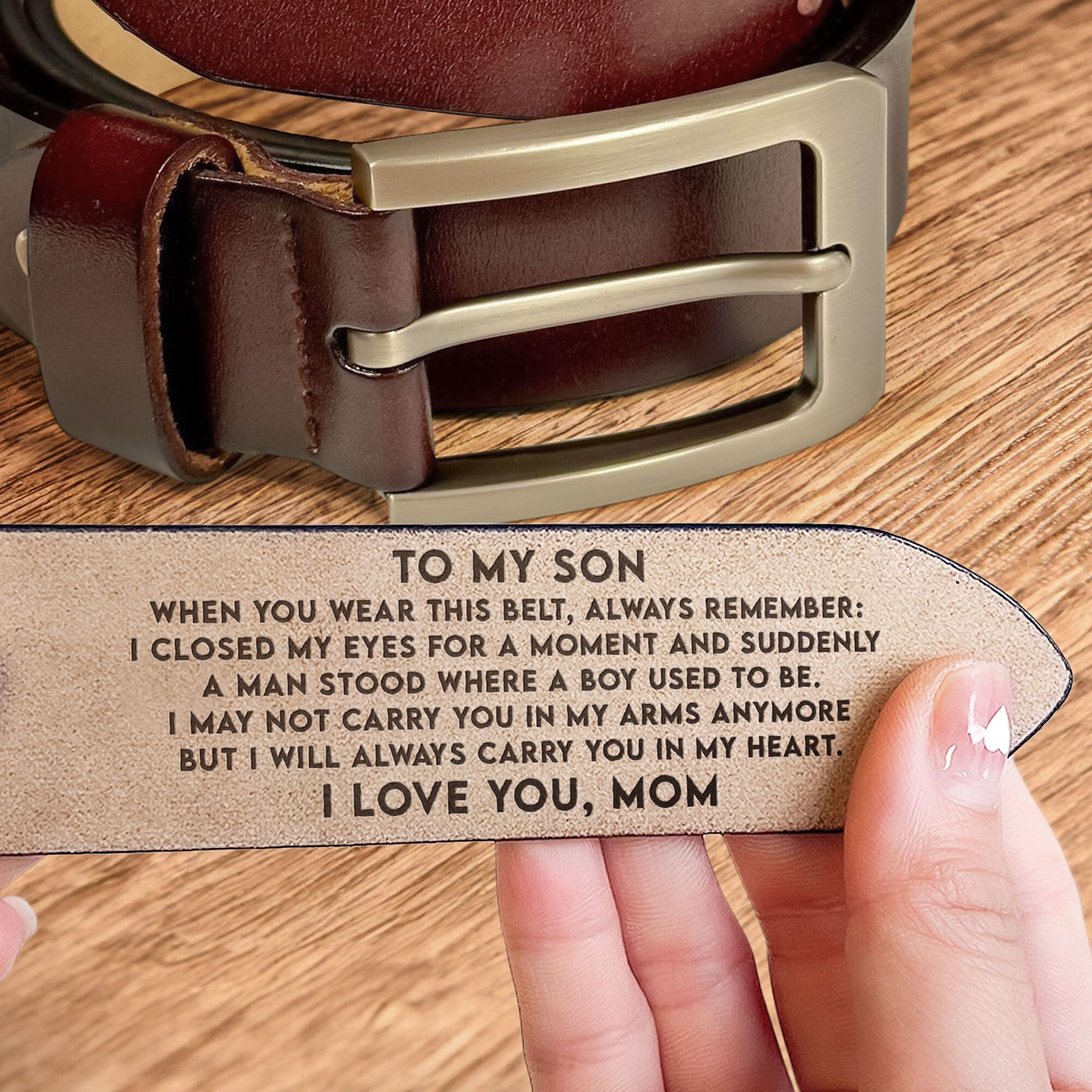 To My Son I Carry You In My Heart From Mom Dad - Personalized Engraved Leather Belt