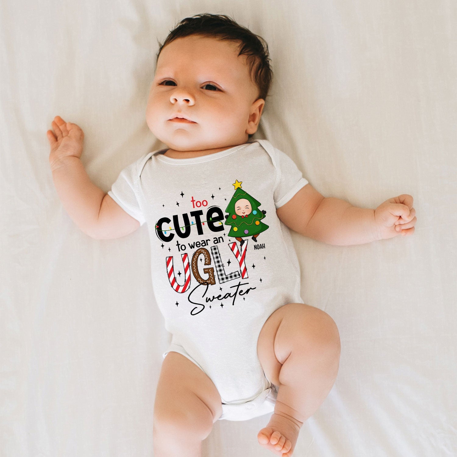 Too Cute To Wear An Ugly Sweater - Personalized Baby Onesie