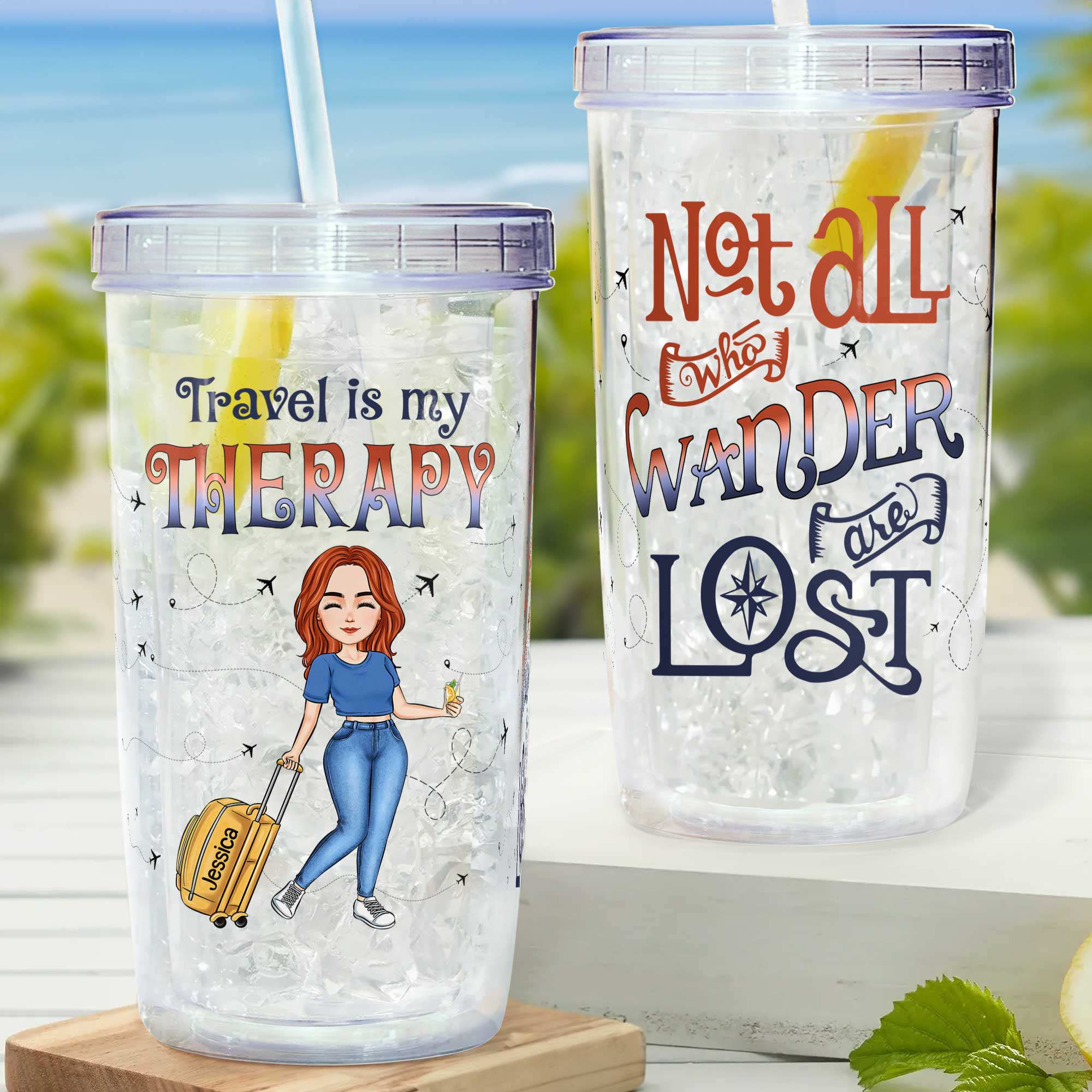 Travel Is My Therapy Tumbler - Personalized Acrylic Tumbler With Straw