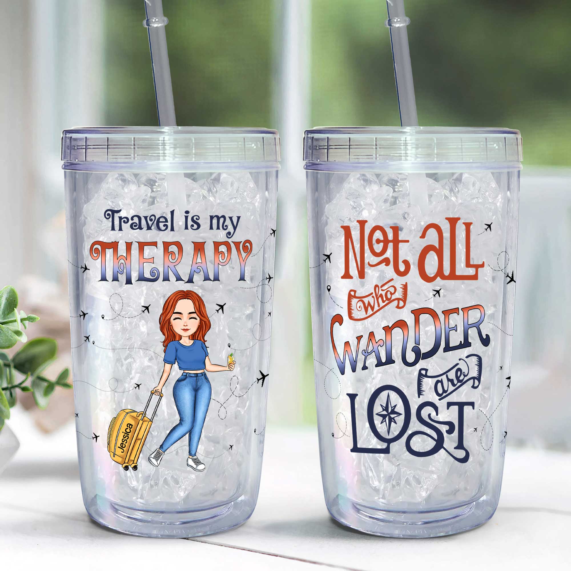 Travel Is My Therapy Tumbler - Personalized Acrylic Tumbler With Straw