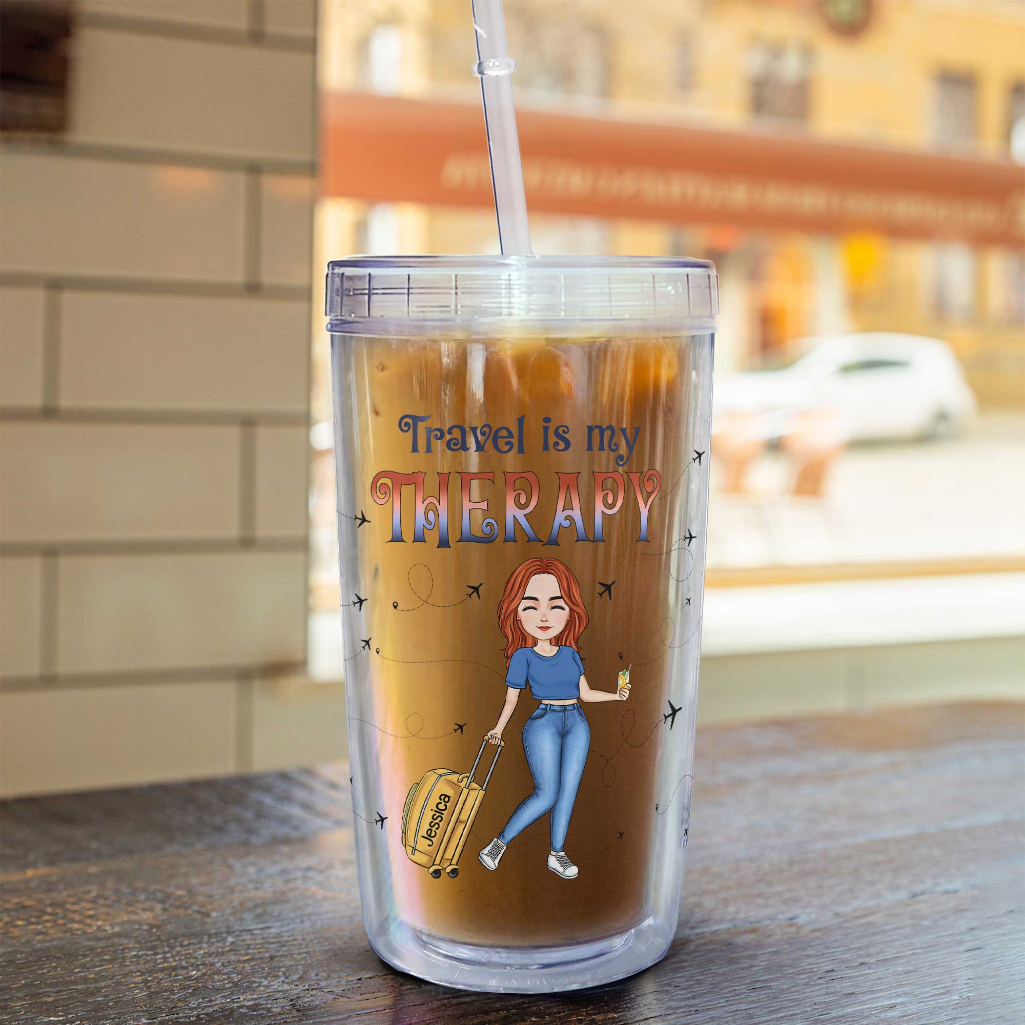 Travel Is My Therapy Tumbler - Personalized Acrylic Tumbler With Straw