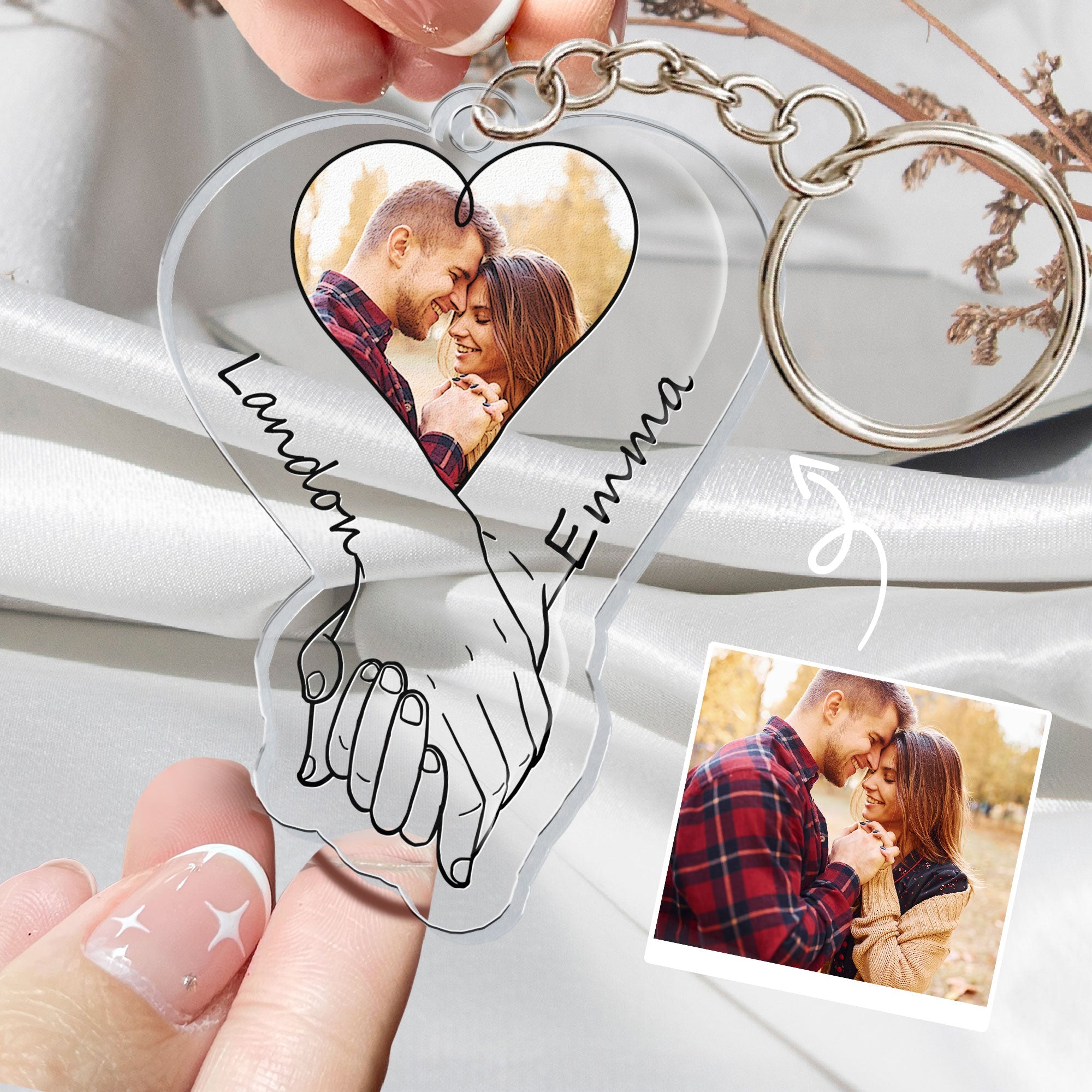 Upload Photo Couples Anniversary Holding Hands - Personalized Acrylic Photo Keychain