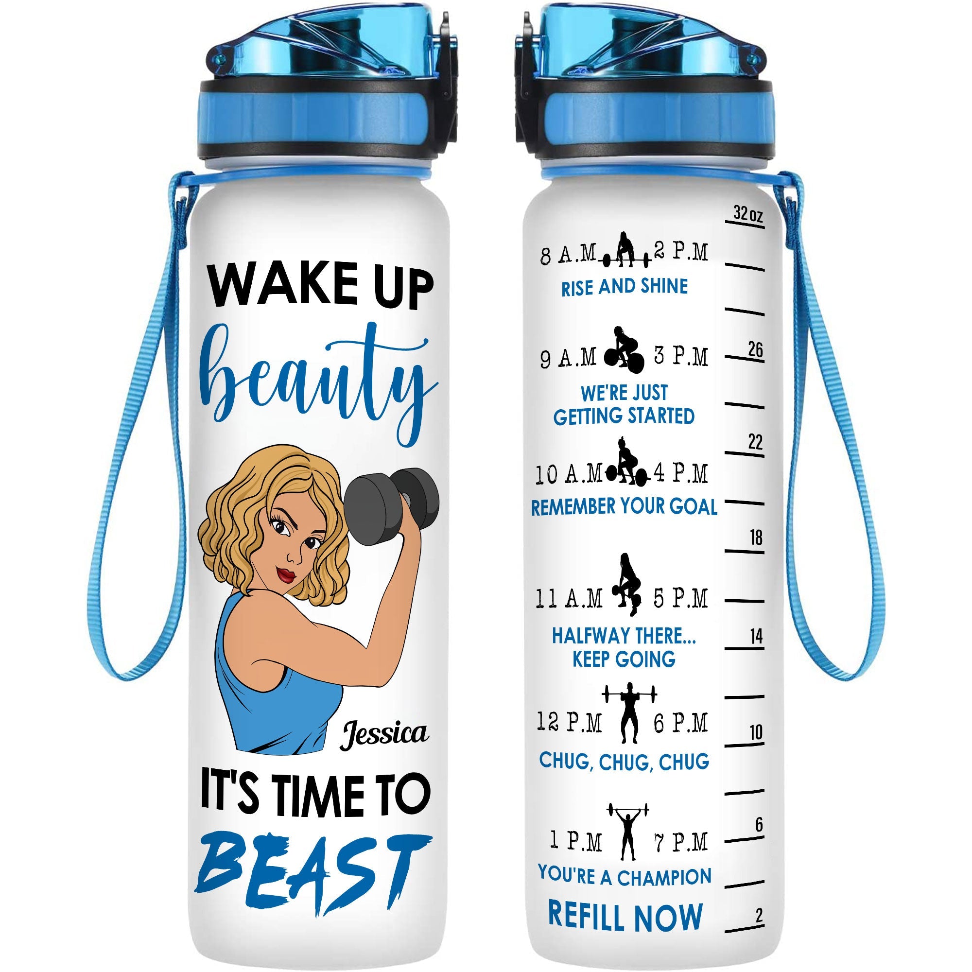 Wake Up Beauty It'S Time To Beast  - Personalized Water Tracker Bottle - Birthday, Motivation Gift For Fitness Lovers, Gymers