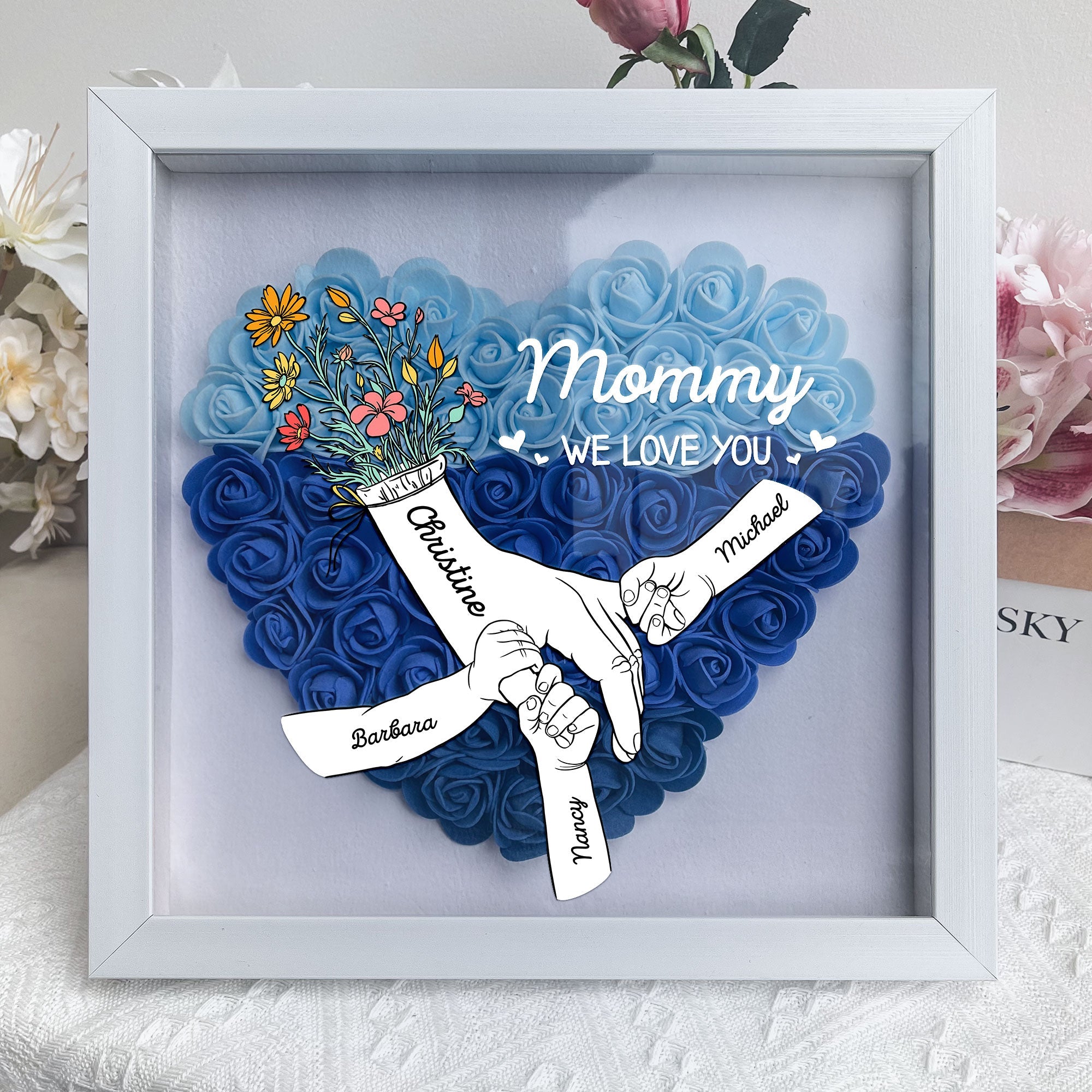 We Love You Mommy Hand Holding - Personalized Flower Shadow Box