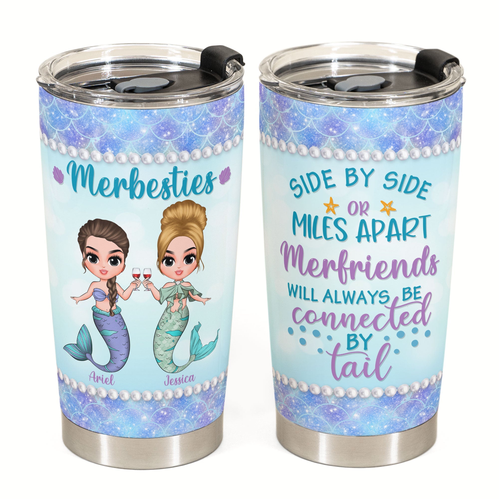 We'll Always Connected By Tail - Personalized Tumbler Cup - Birthday Gift For Merfriends, Mermaid Squad, Beach Lovers