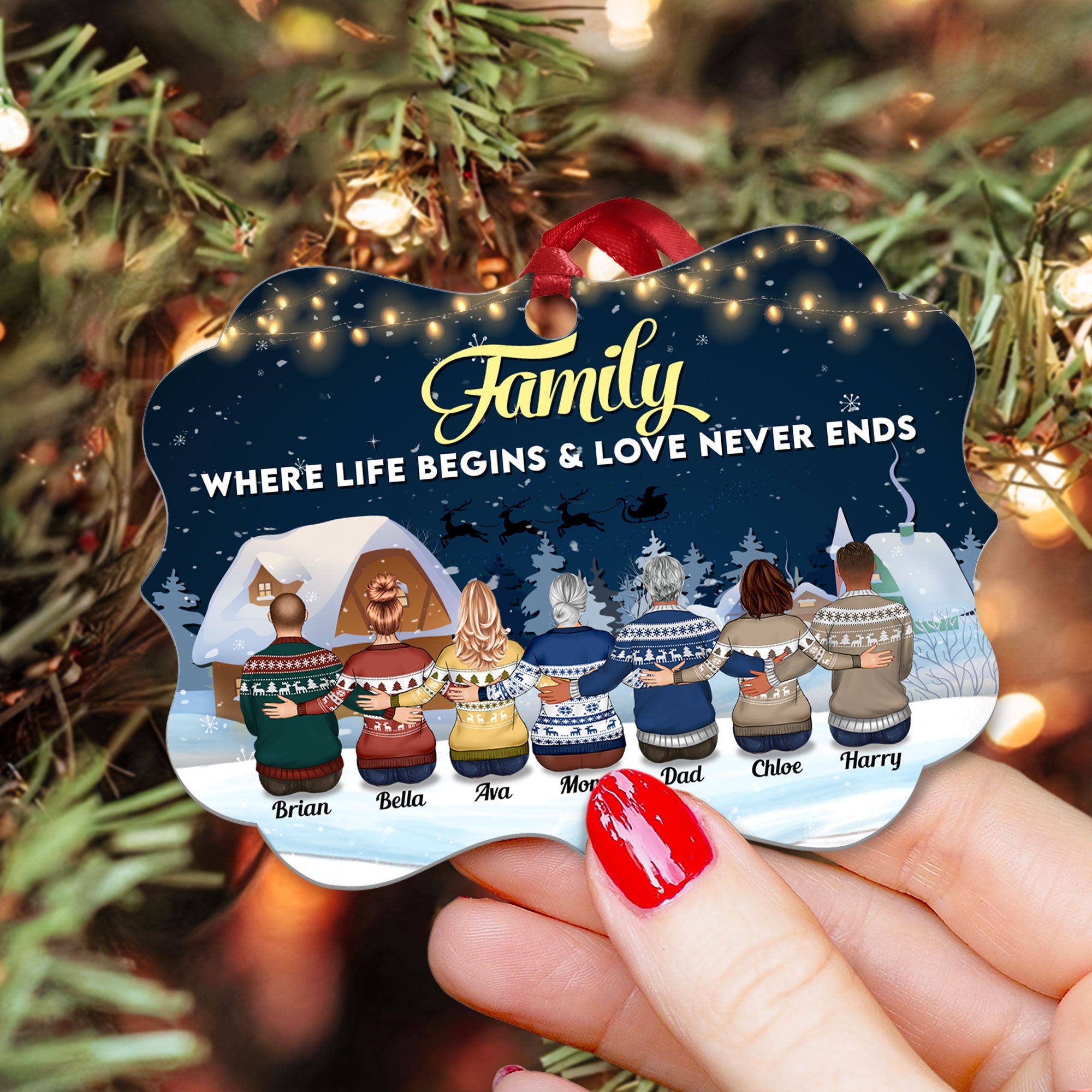 Where Life Begins And Love Never Ends - Personalized Aluminum Ornament - Christmas, Loving Gift For Family Members, Mom, Dad, Brothers, Sisters