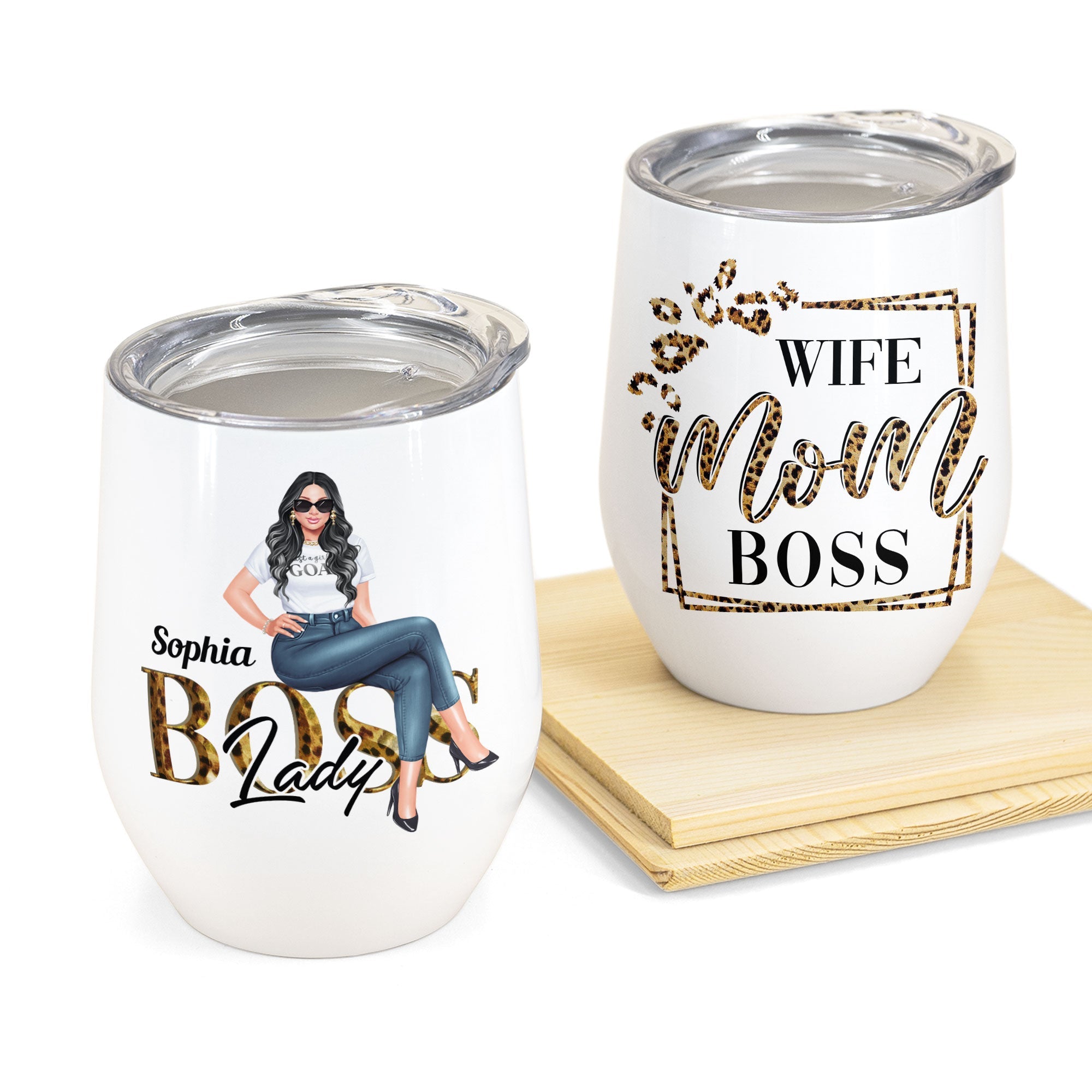 Wife Mom Boss Lady - Personalized Wine Tumbler - Birthday Gift For Mom, Boss, Wife - Leopard Design