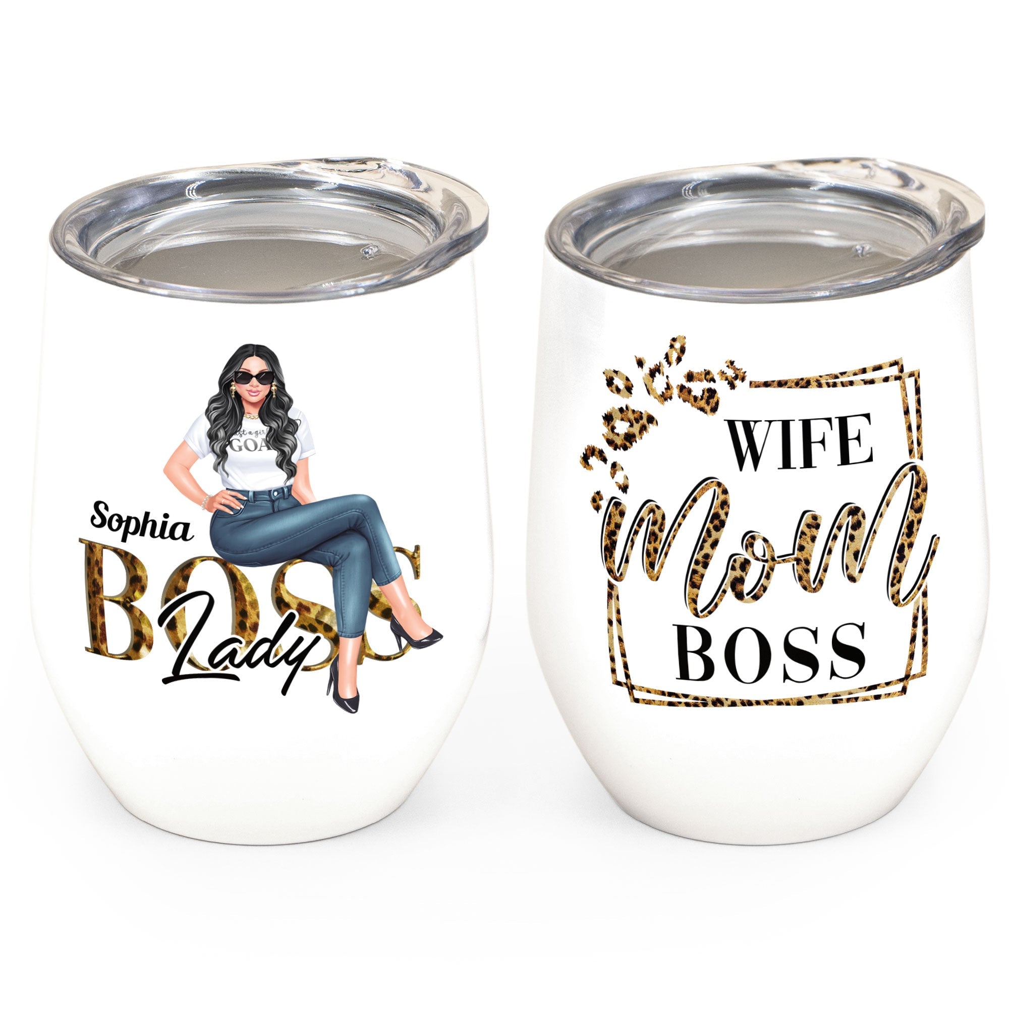 Wife Mom Boss Lady - Personalized Wine Tumbler - Birthday Gift For Mom, Boss, Wife - Leopard Design