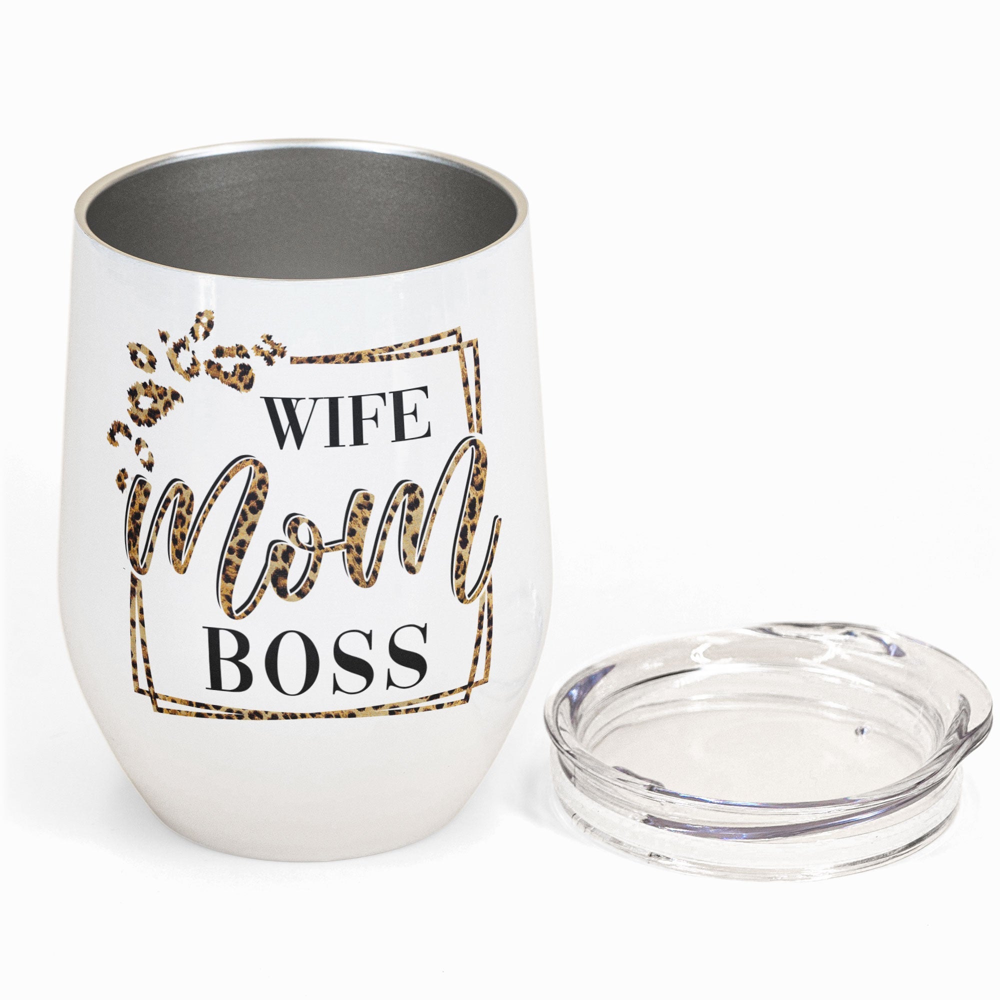 Wife Mom Boss Lady - Personalized Wine Tumbler - Birthday Gift For Mom, Boss, Wife - Leopard Design