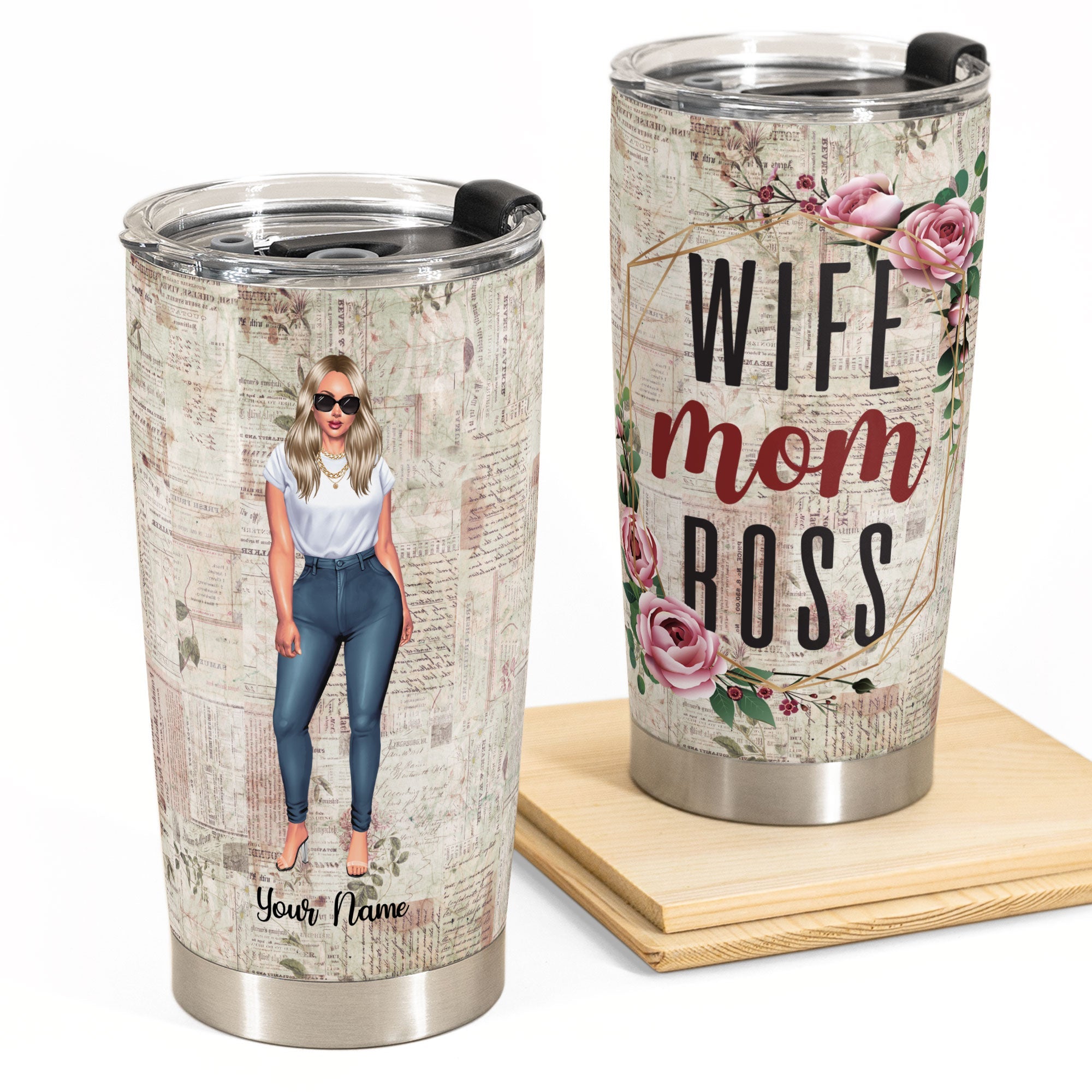 Wife Mom Boss - Personalized Tumbler Cup - Valentine's Day, Birthday Gift For Wife, Mom