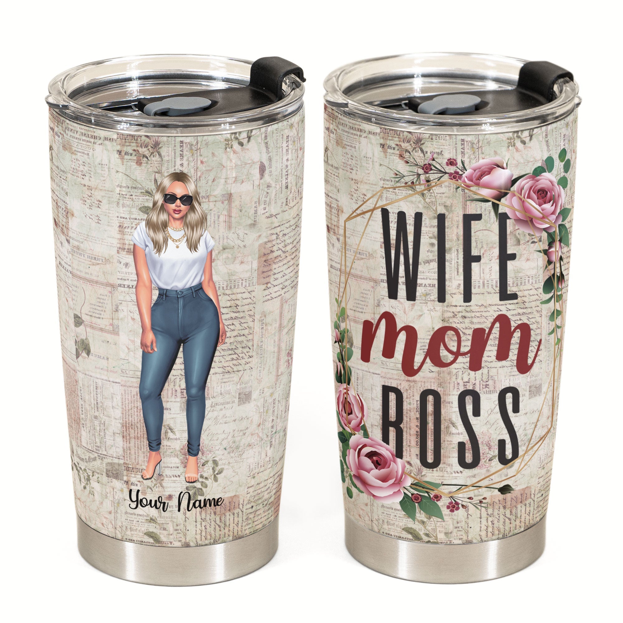 Wife Mom Boss - Personalized Tumbler Cup - Valentine's Day, Birthday Gift For Wife, Mom