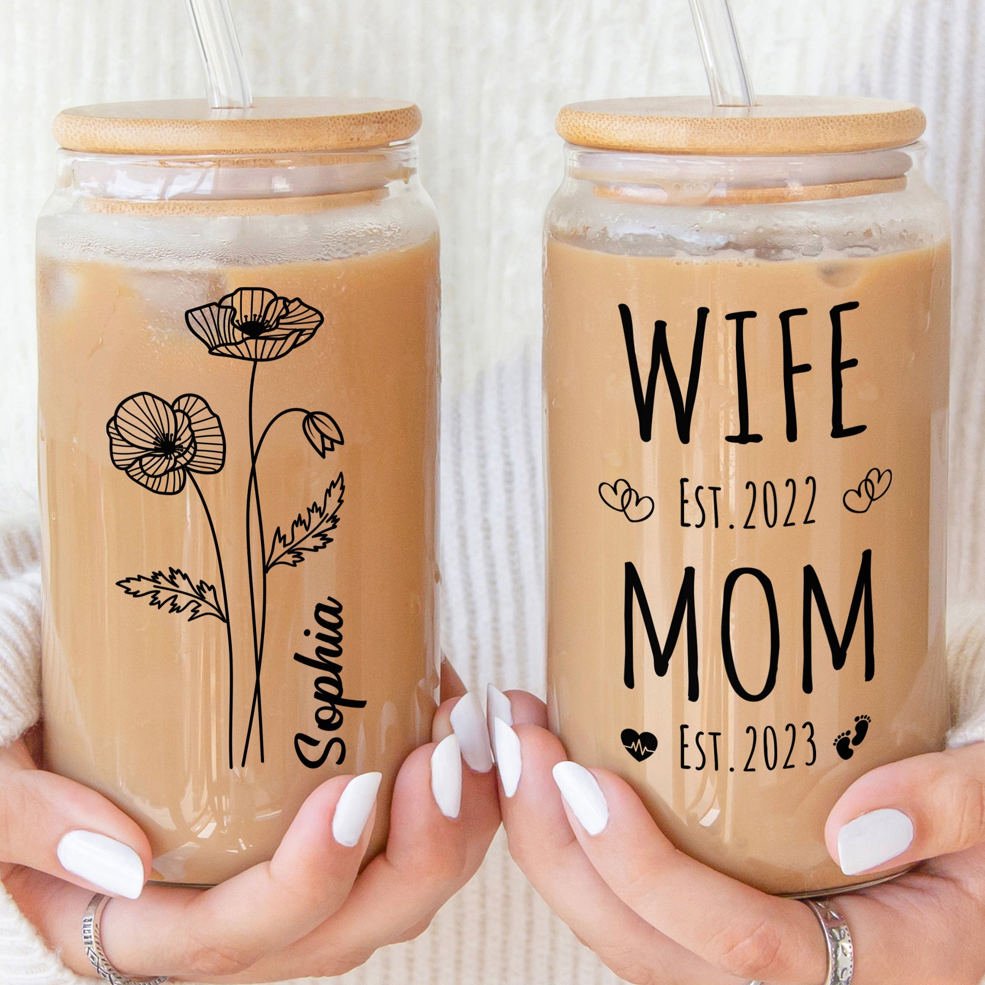 Wife Mom Est Birthflower Mother's Day Birthday Gift - Personalized Clear Glass Cup