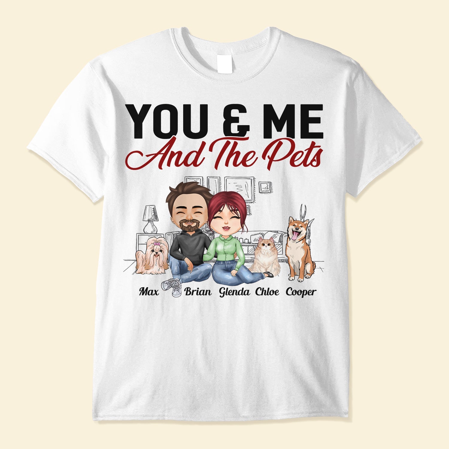 You & Me And The Cat The Dog - Personalized Shirt - Anniversary, Valentine's Day Gift For Cat Lovers, Dog Lovers