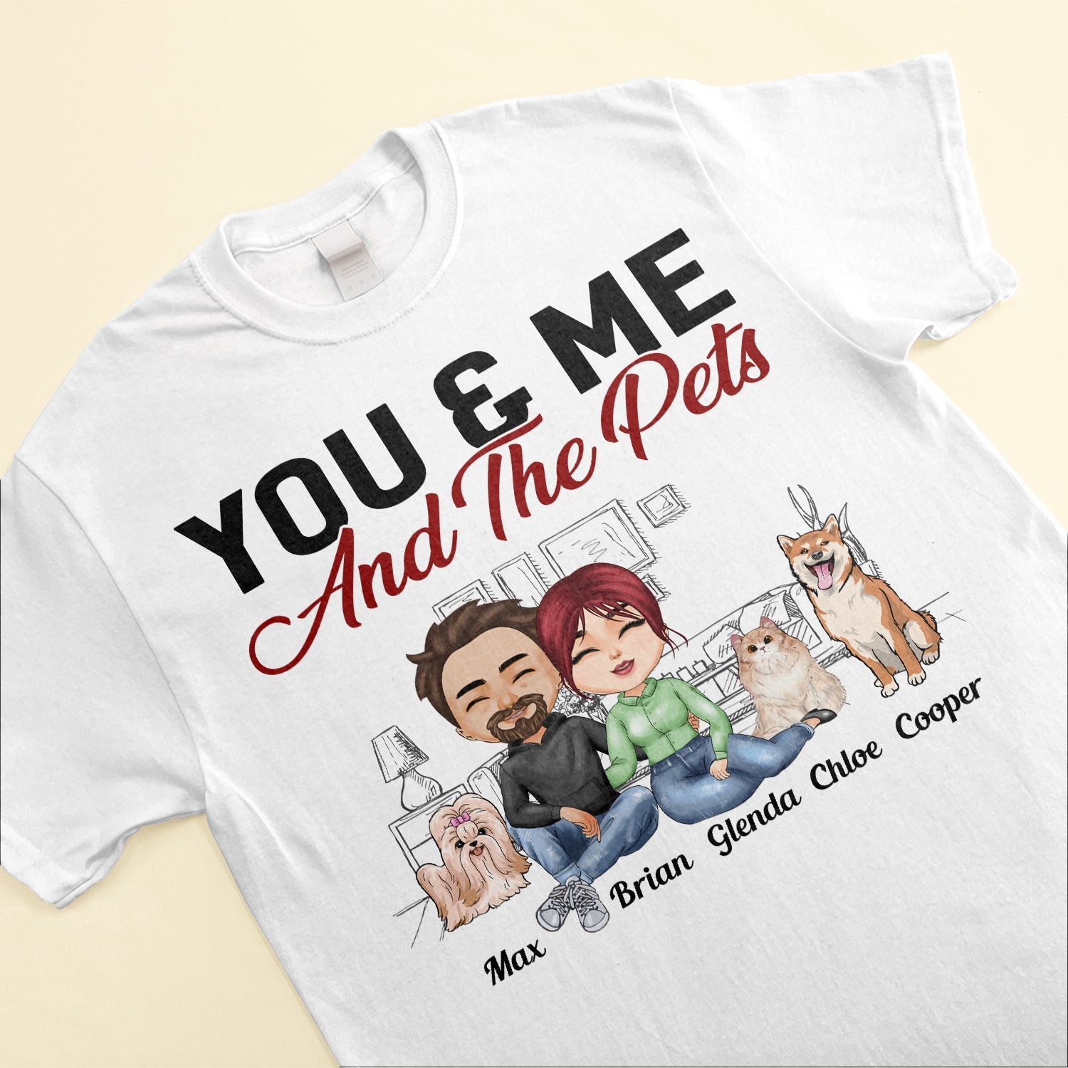 You & Me And The Cat The Dog - Personalized Shirt - Anniversary, Valentine's Day Gift For Cat Lovers, Dog Lovers